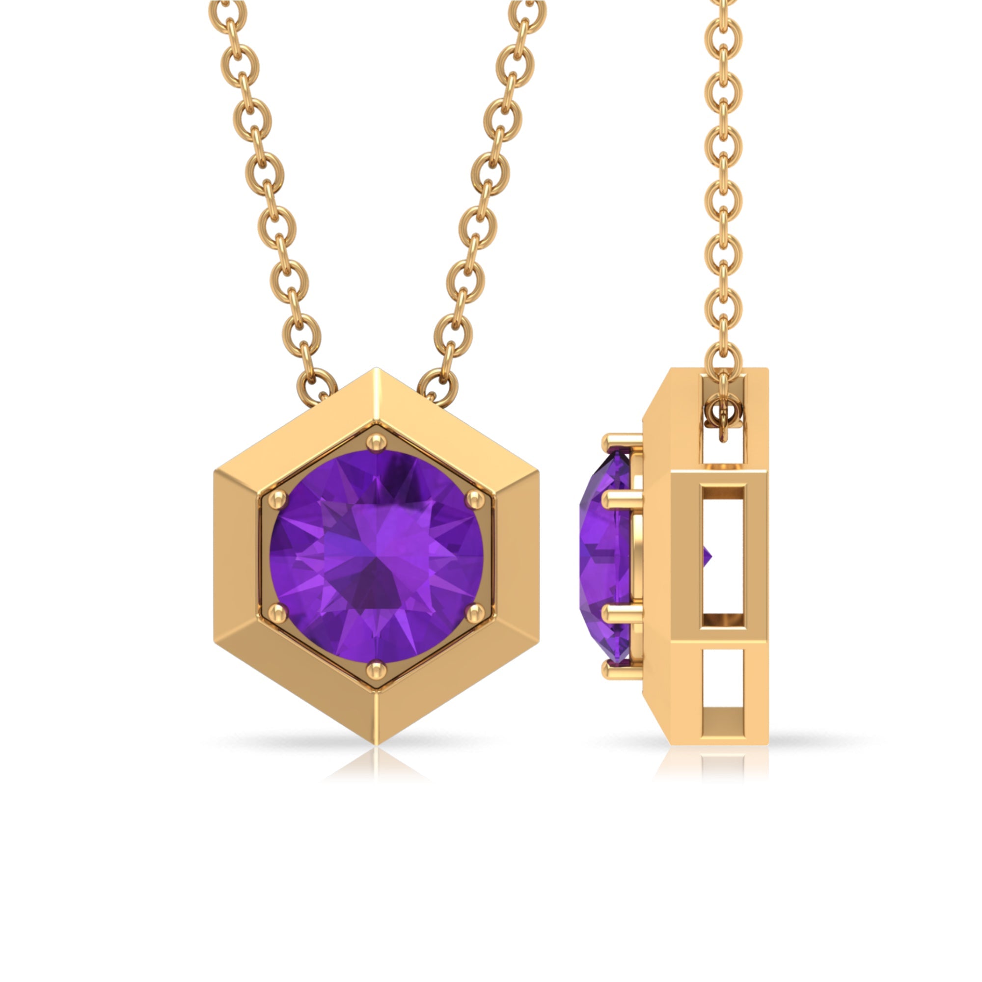 Solitaire Amethyst Hexagon Pendant Necklace