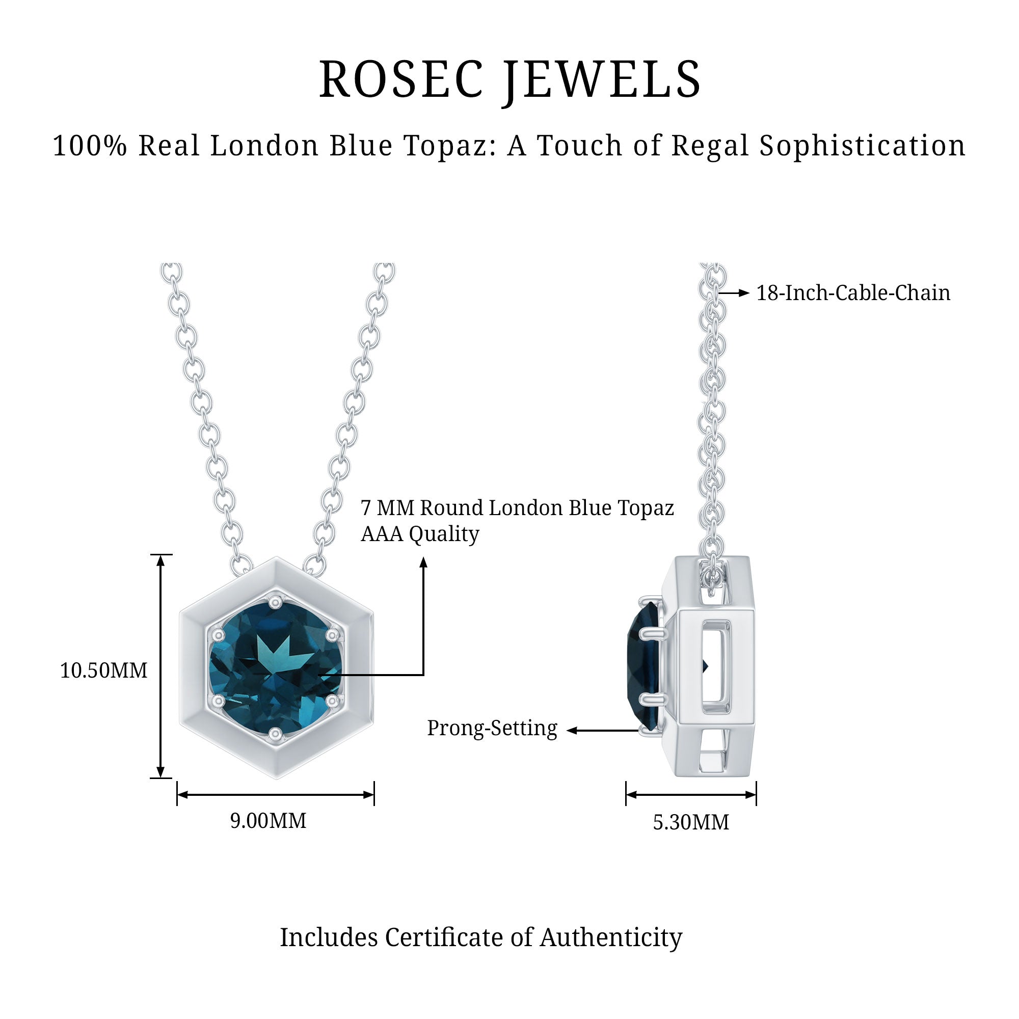 1 CT Simple London Blue Topaz Solitaire Gold Pendant
