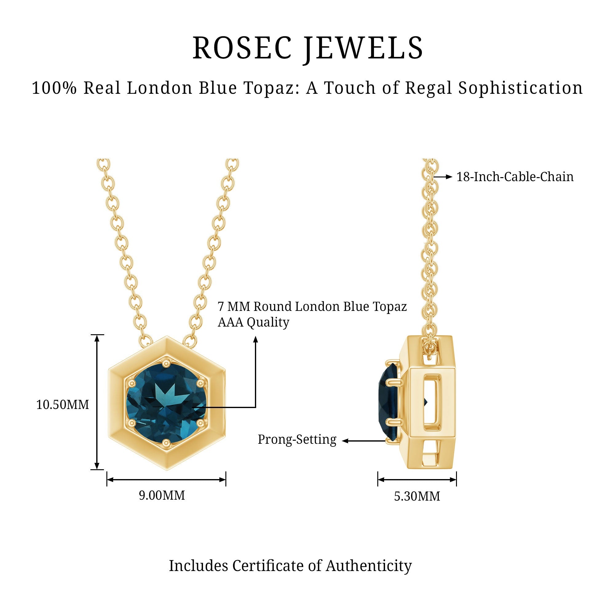 1 CT Simple London Blue Topaz Solitaire Gold Pendant