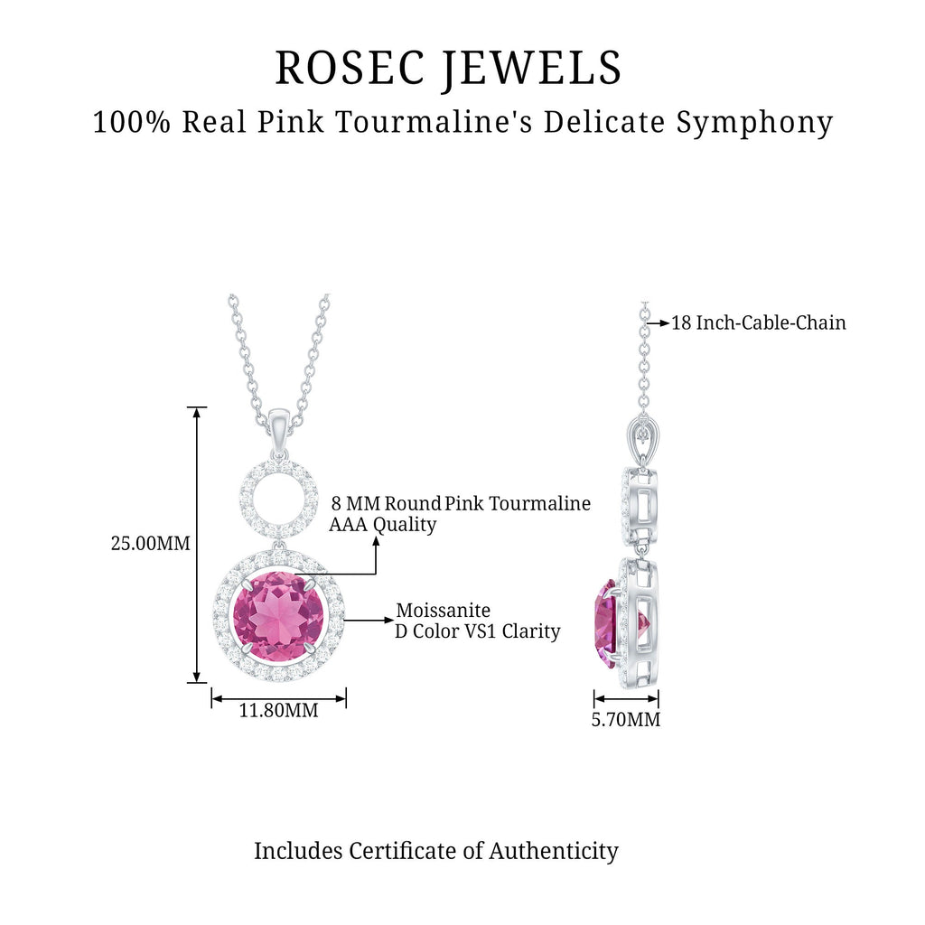 1 CT Pink Tourmaline and Moissanite Dangle Pendant Necklace