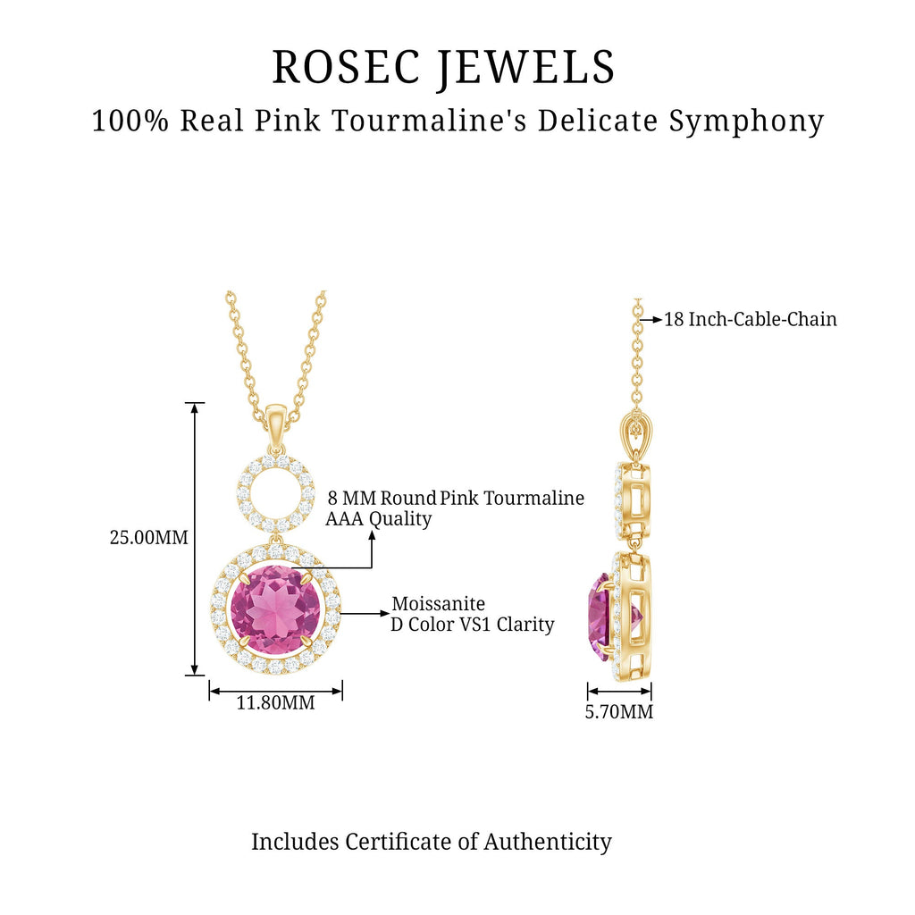 1 CT Pink Tourmaline and Moissanite Dangle Pendant Necklace