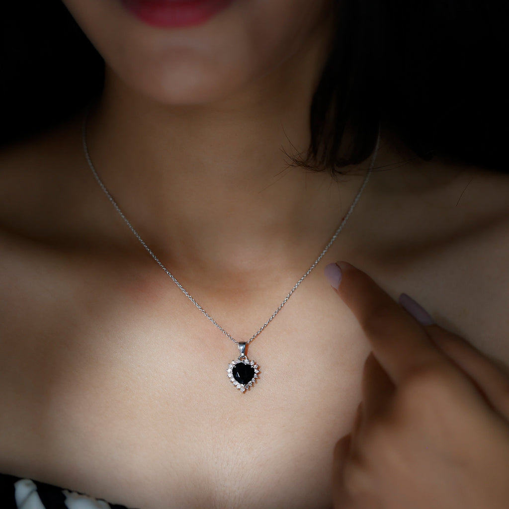 Natural Black Spinel Heart Shape Necklace with Moissanite Halo