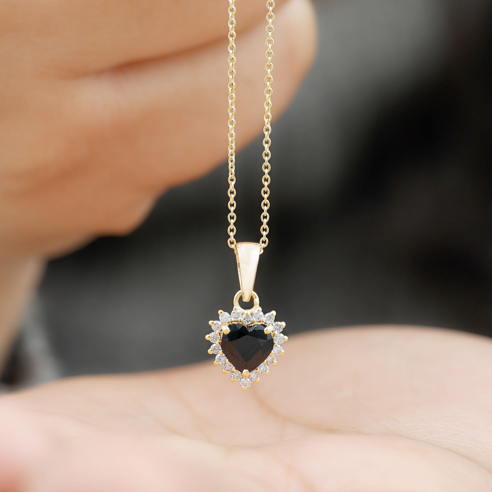 Natural Black Spinel Heart Shape Necklace with Moissanite Halo
