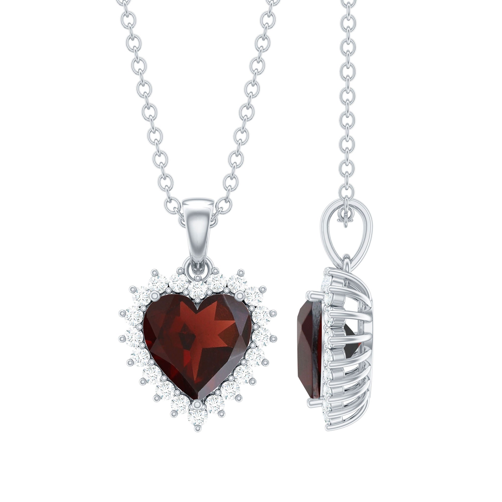 Garnet Heart Pendant Necklace with Moissanite Halo