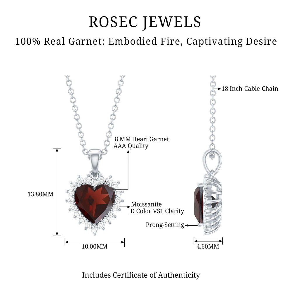 Garnet Heart Pendant Necklace with Moissanite Halo