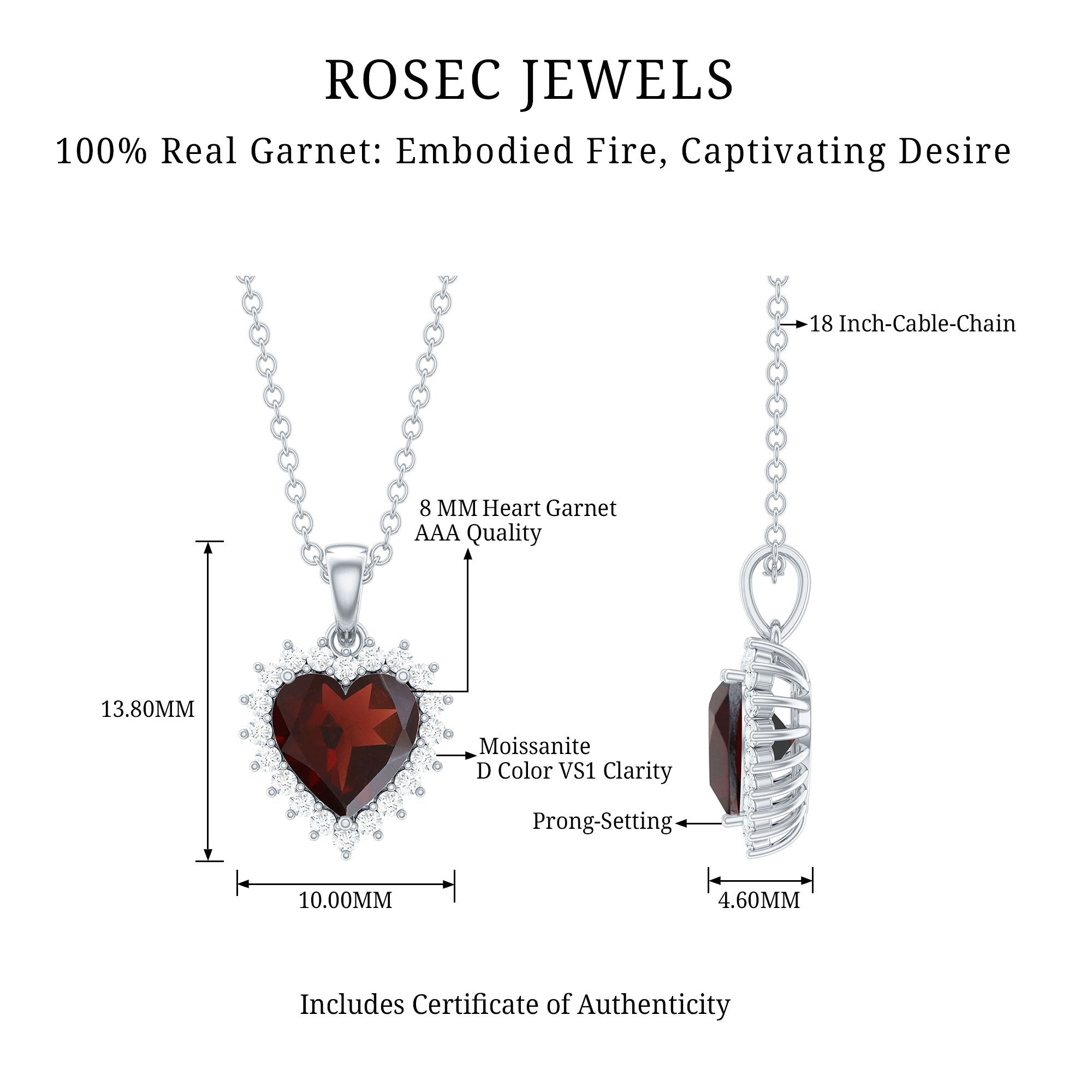 Garnet Heart Pendant Necklace with Moissanite Halo