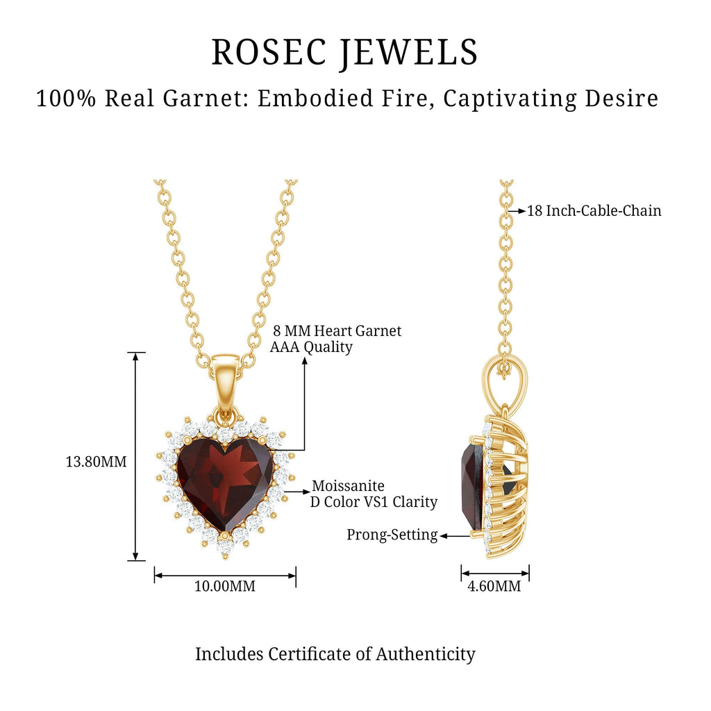 Garnet Heart Pendant Necklace with Moissanite Halo