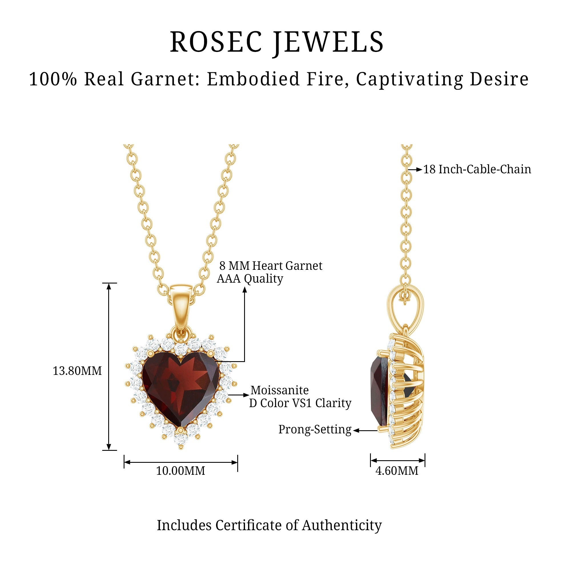 Garnet Heart Pendant Necklace with Moissanite Halo