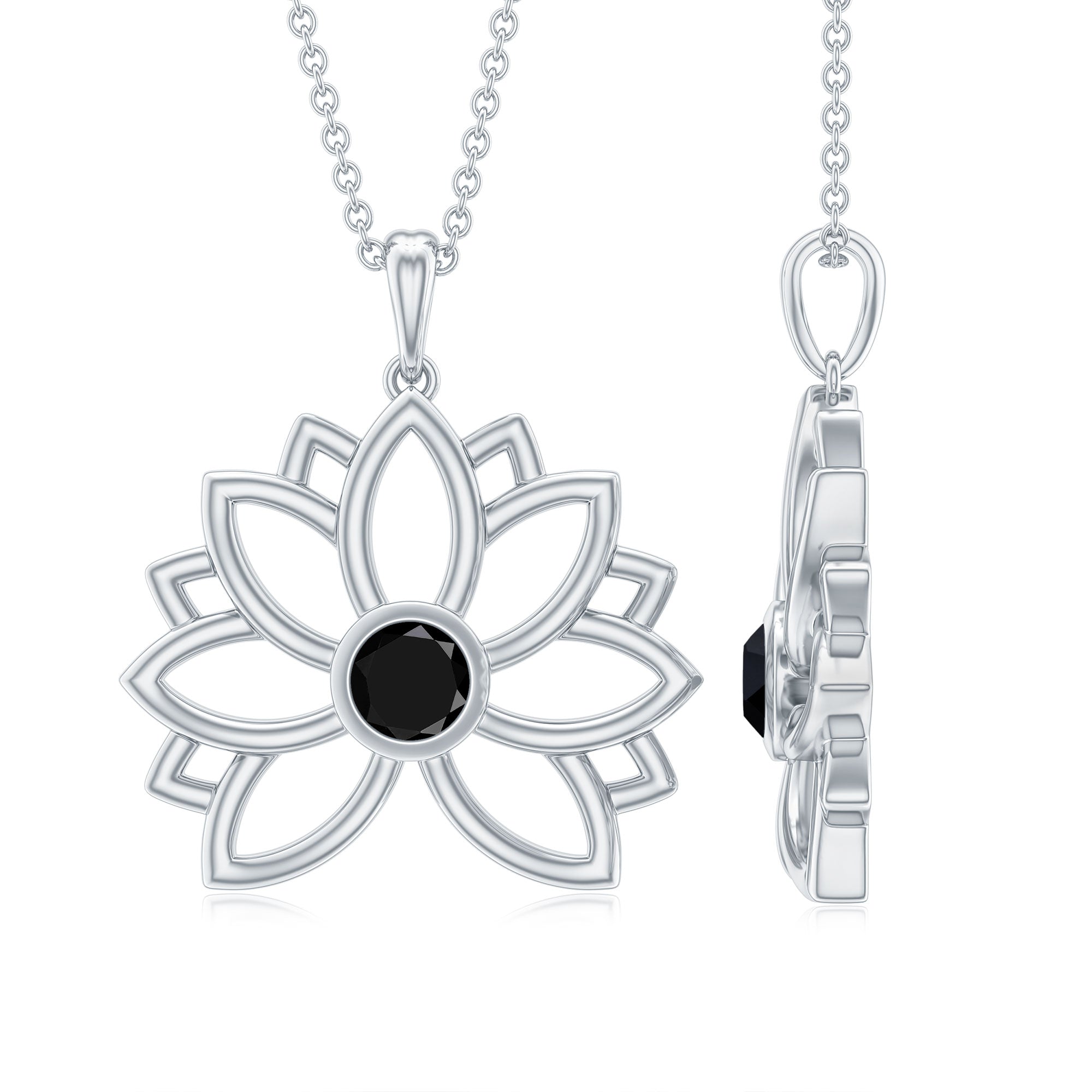 Natural Black Onyx Flower Pendant Necklace for Women