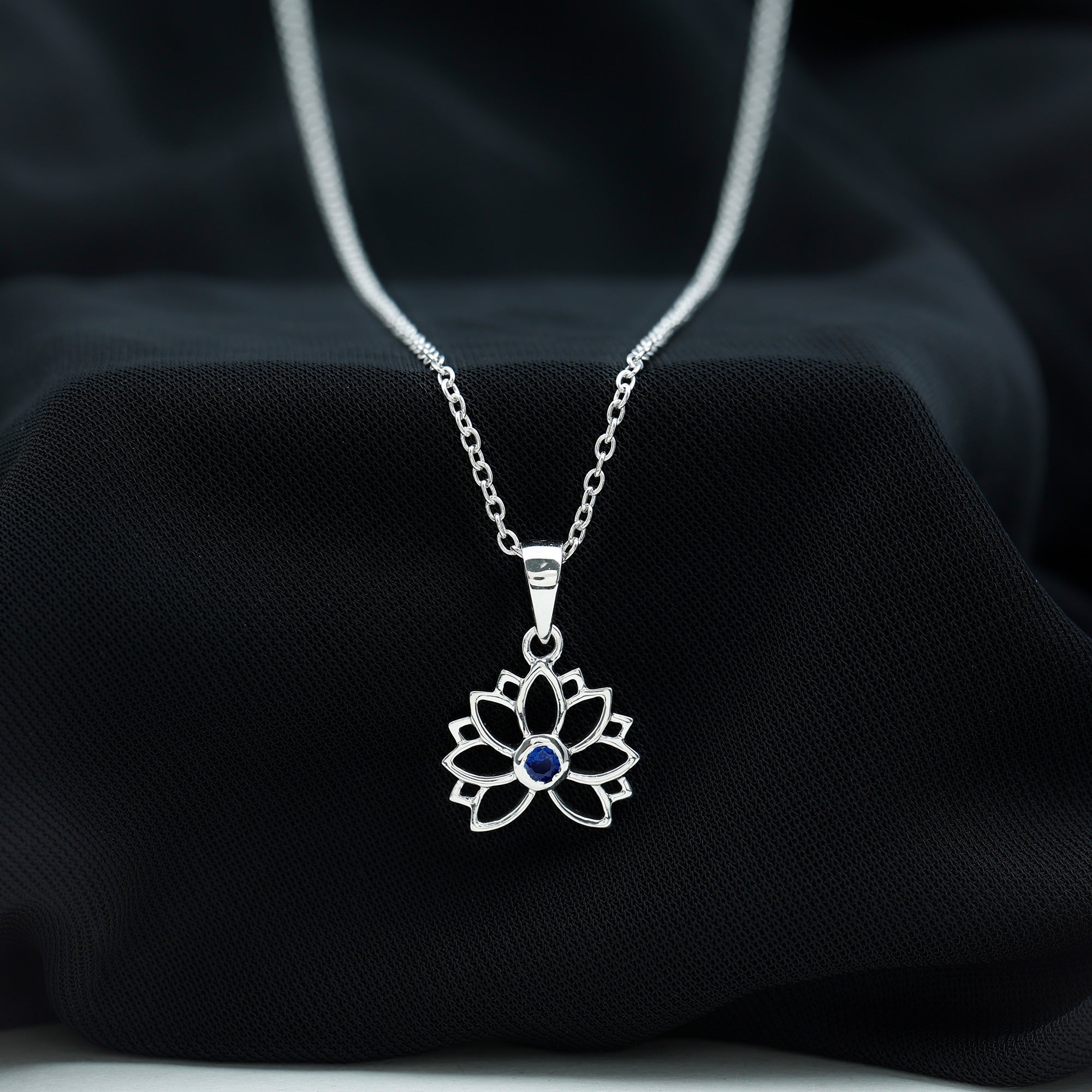 Lab Grown Blue Sapphire Lotus Flower Necklace With Chain