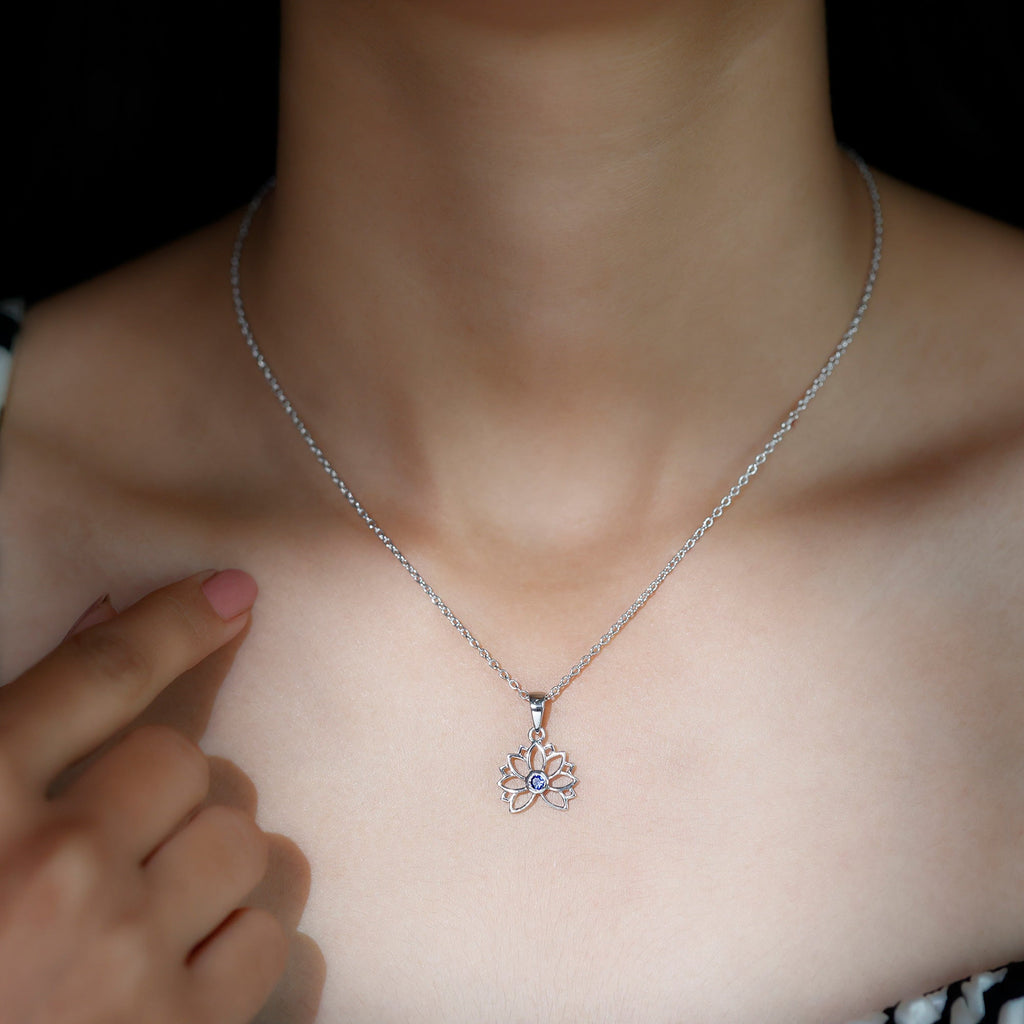 Lab Grown Blue Sapphire Lotus Flower Necklace With Chain