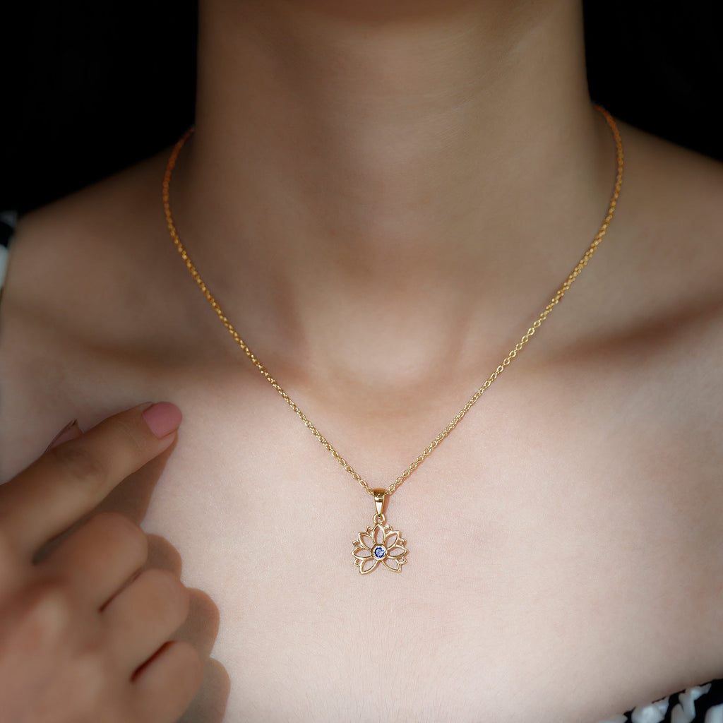 Lab Grown Blue Sapphire Lotus Flower Necklace With Chain