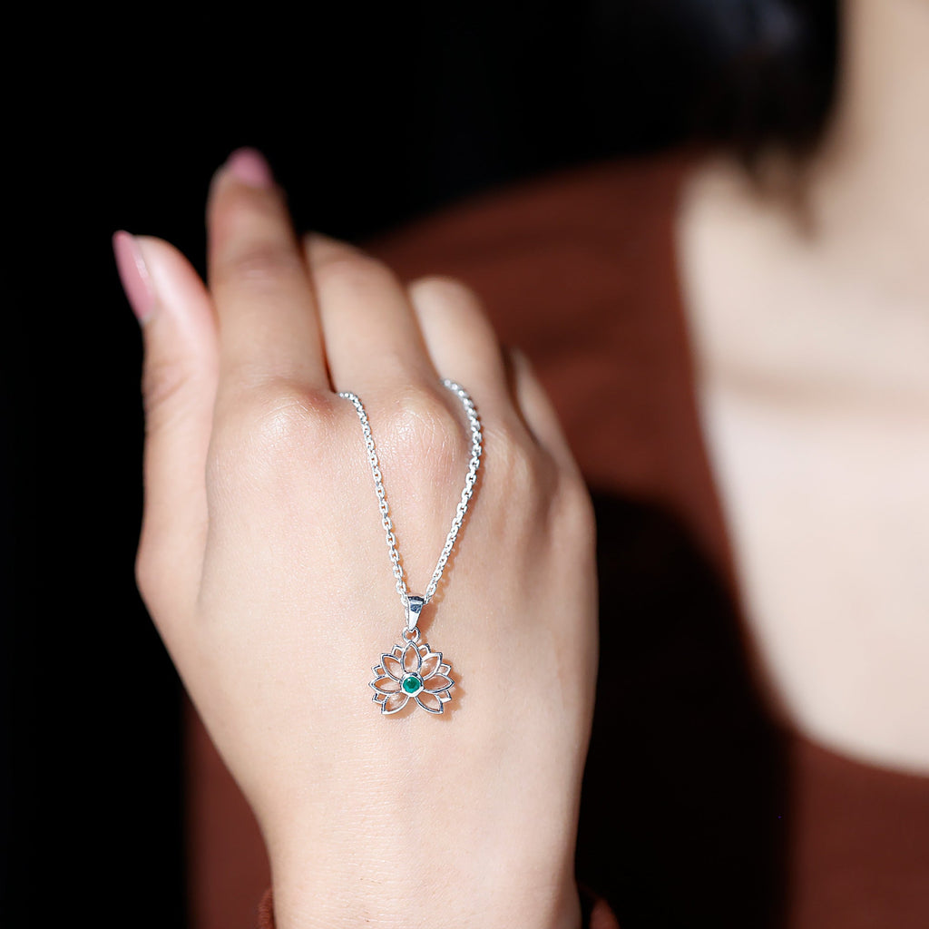 Genuine Emerald Lotus Necklace With Chain