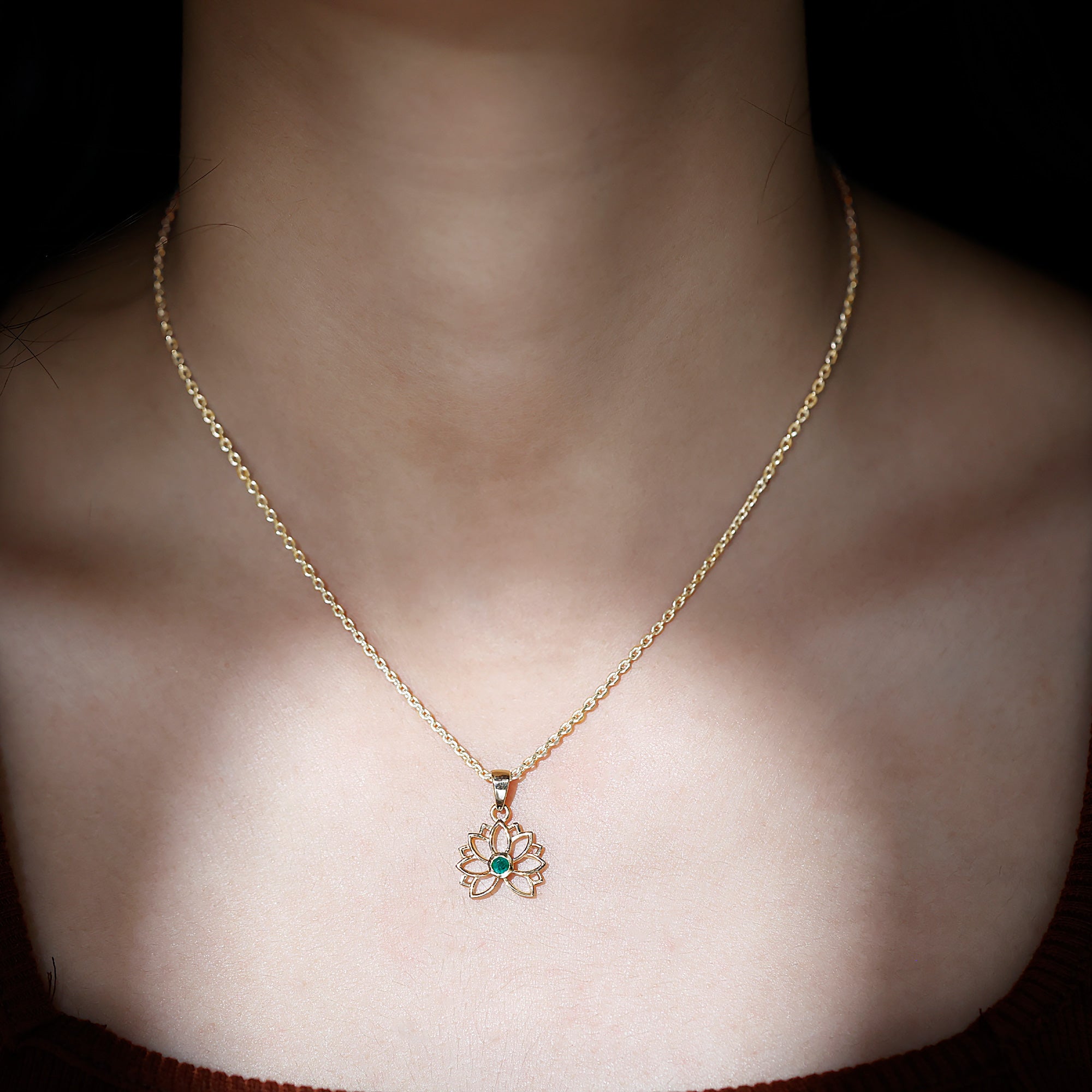 Genuine Emerald Lotus Necklace With Chain