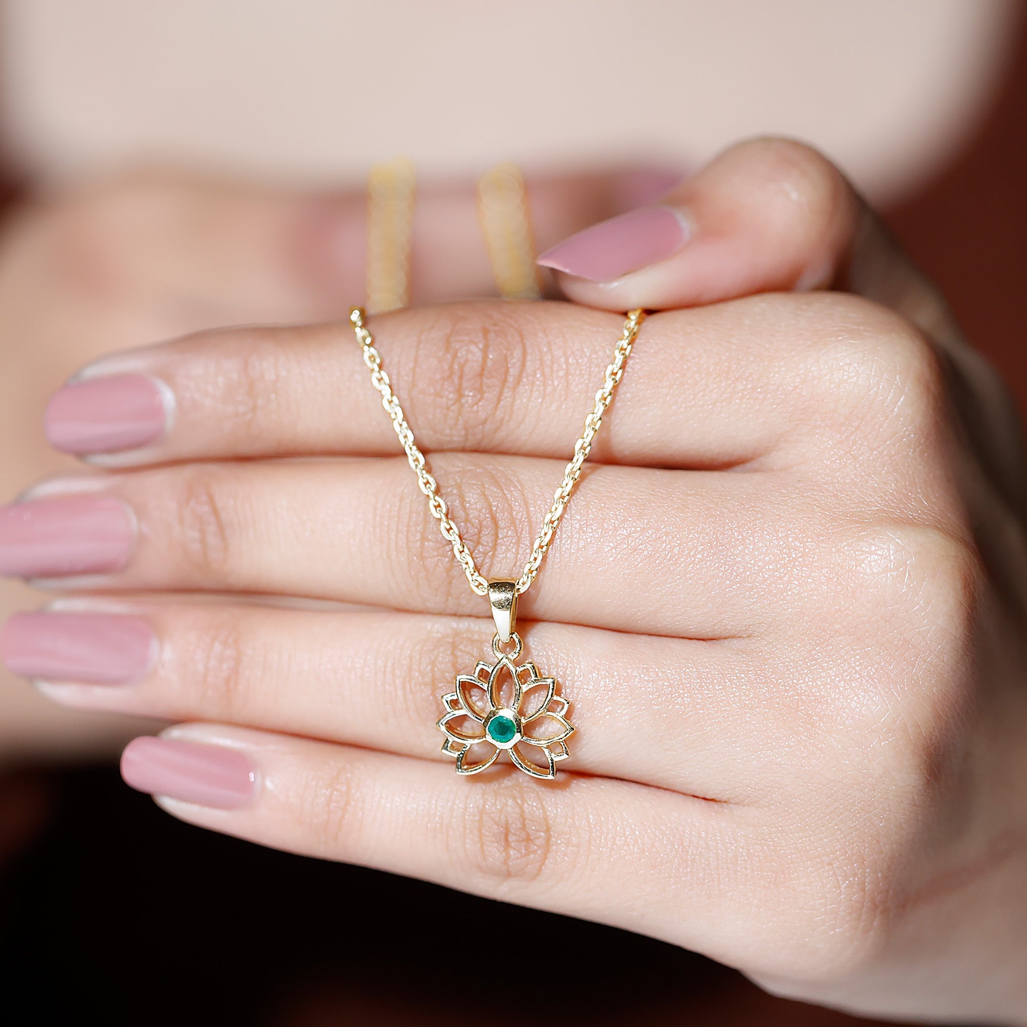 Genuine Emerald Lotus Necklace With Chain