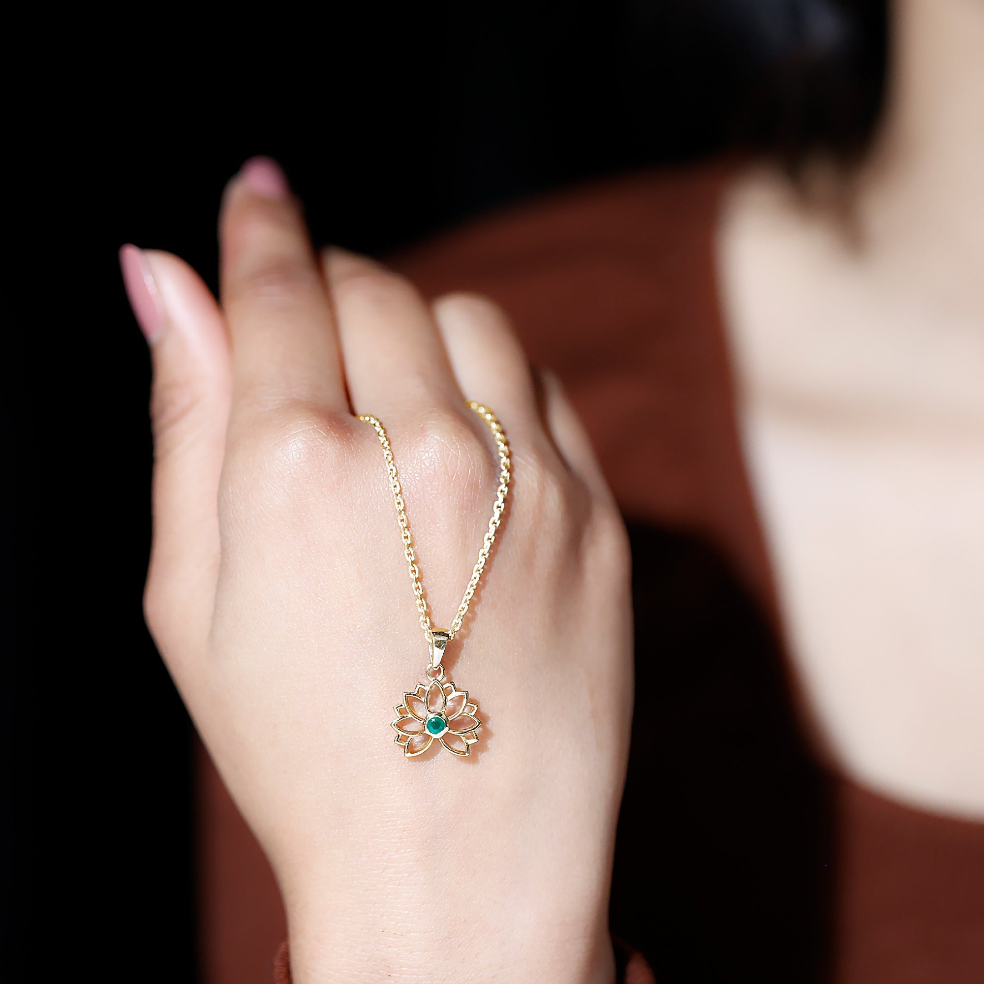 Genuine Emerald Lotus Necklace With Chain