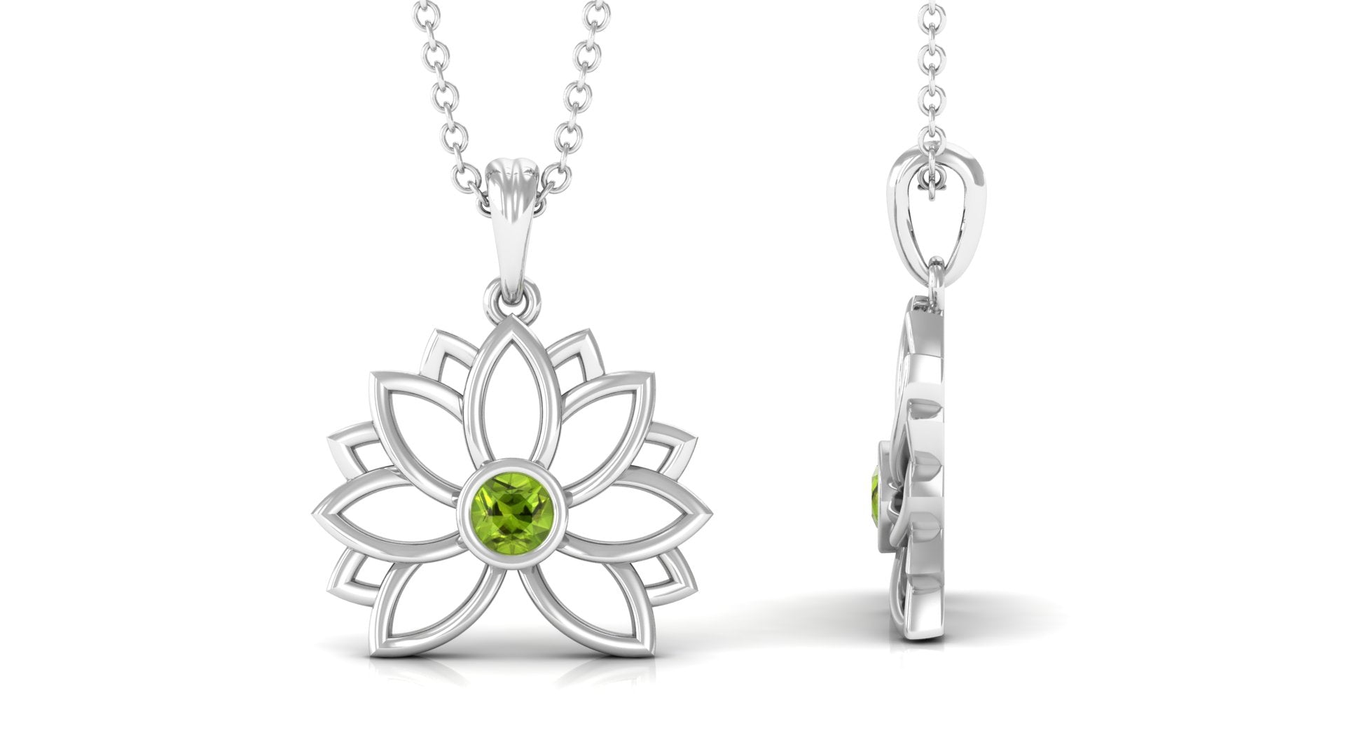 Gold Lotus Flower Pendant with 3 MM Round Cut Peridot