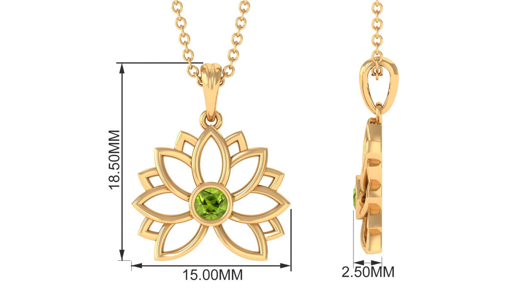 Gold Lotus Flower Pendant with 3 MM Round Cut Peridot