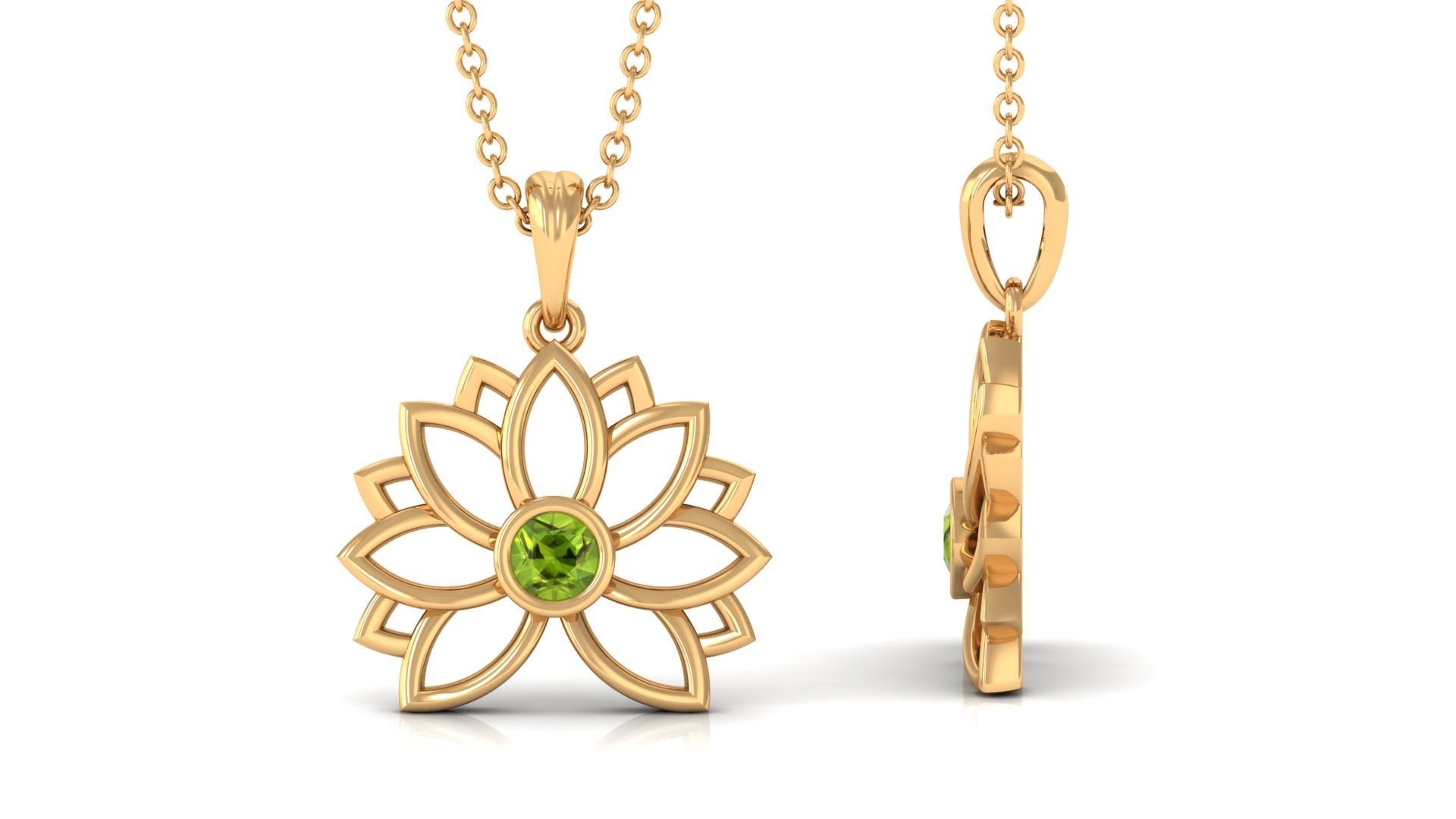 Gold Lotus Flower Pendant with 3 MM Round Cut Peridot