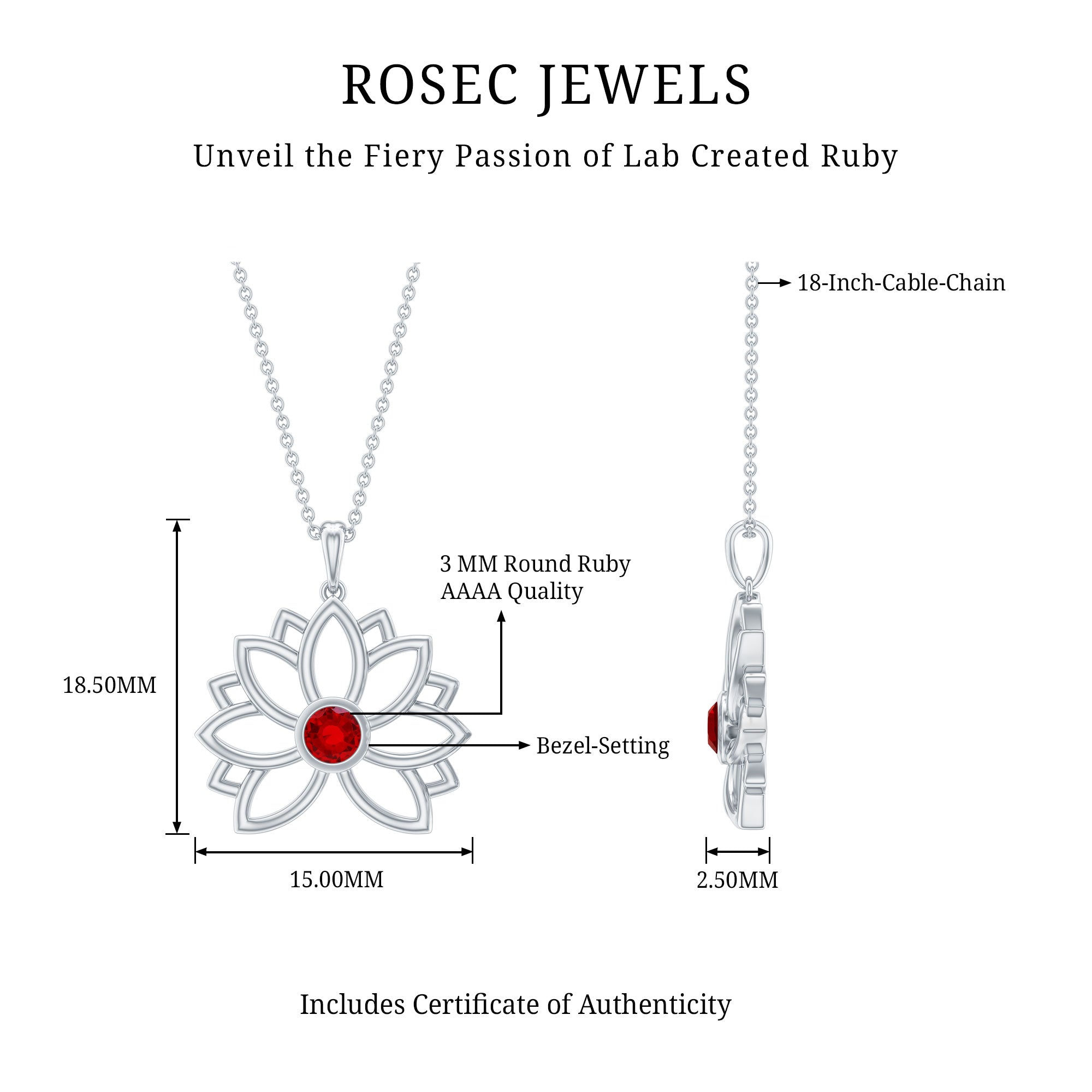 3 MM Created Ruby Lotus Flower Gold Necklace