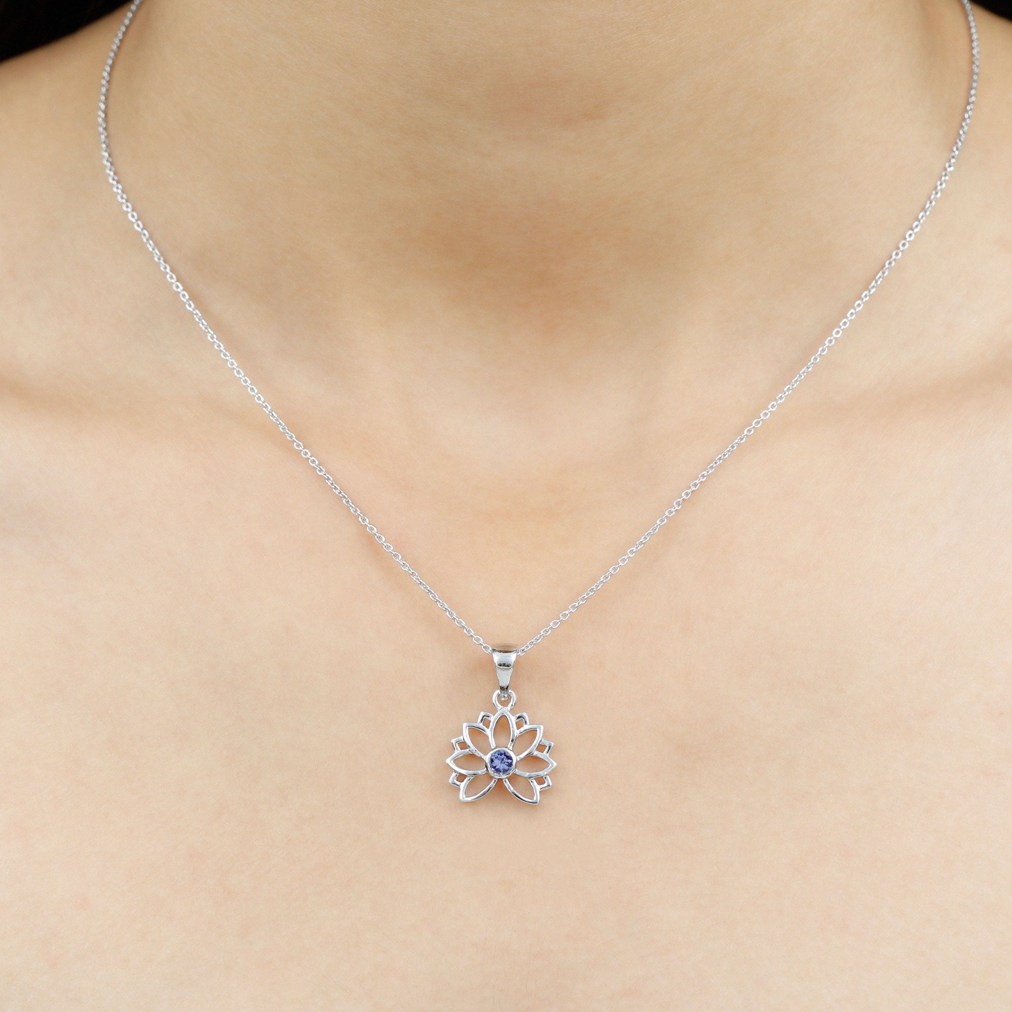 Bezel Set Tanzanite Lotus Flower Pendant Necklace