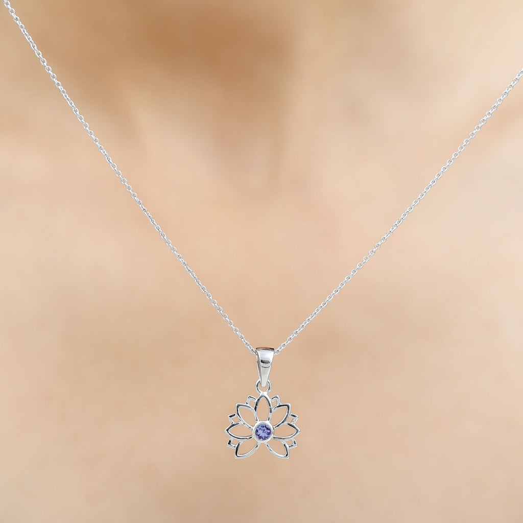 Bezel Set Tanzanite Lotus Flower Pendant Necklace