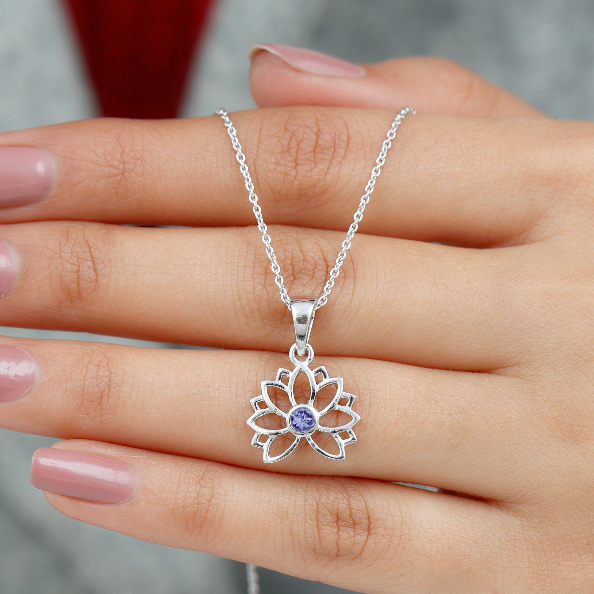 Bezel Set Tanzanite Lotus Flower Pendant Necklace
