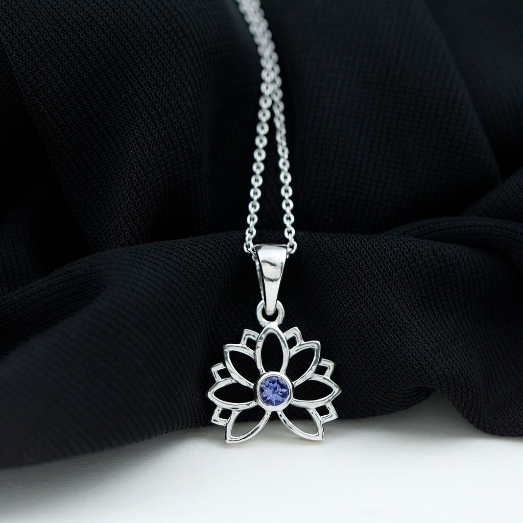 Bezel Set Tanzanite Lotus Flower Pendant Necklace