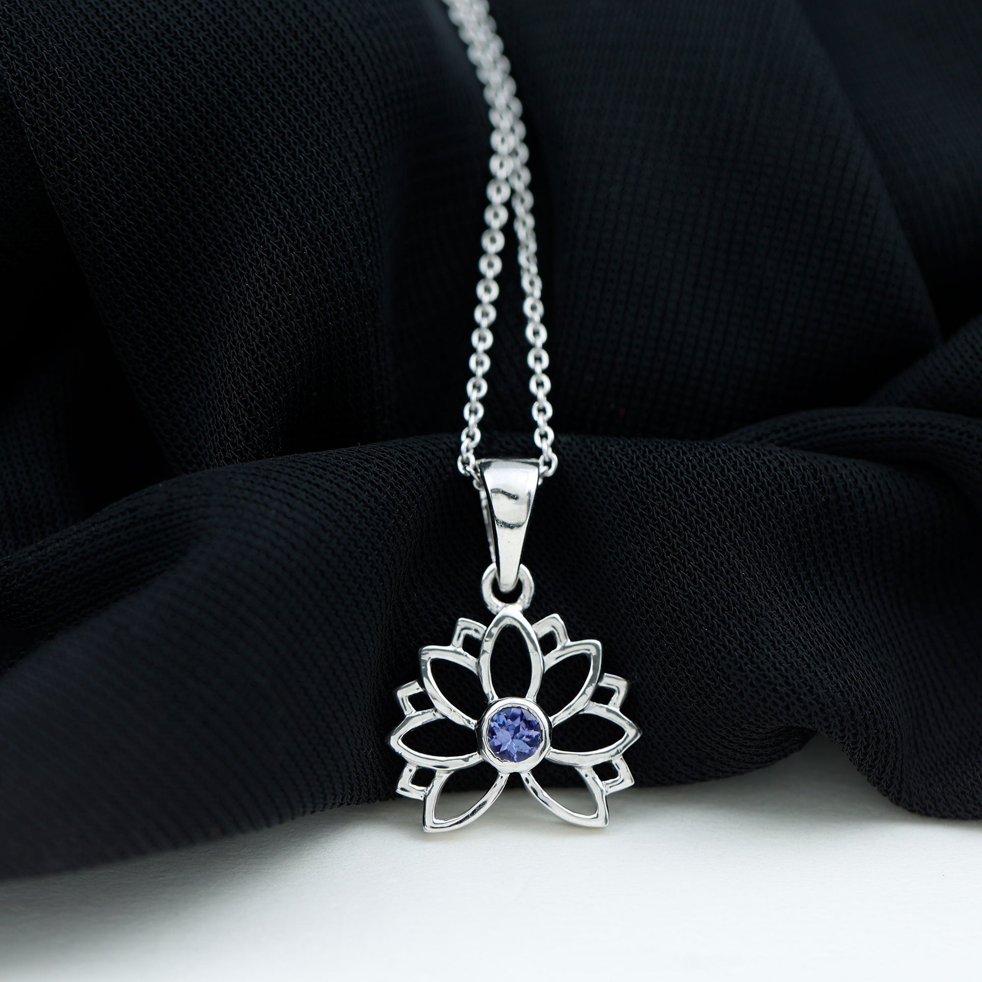 Bezel Set Tanzanite Lotus Flower Pendant Necklace