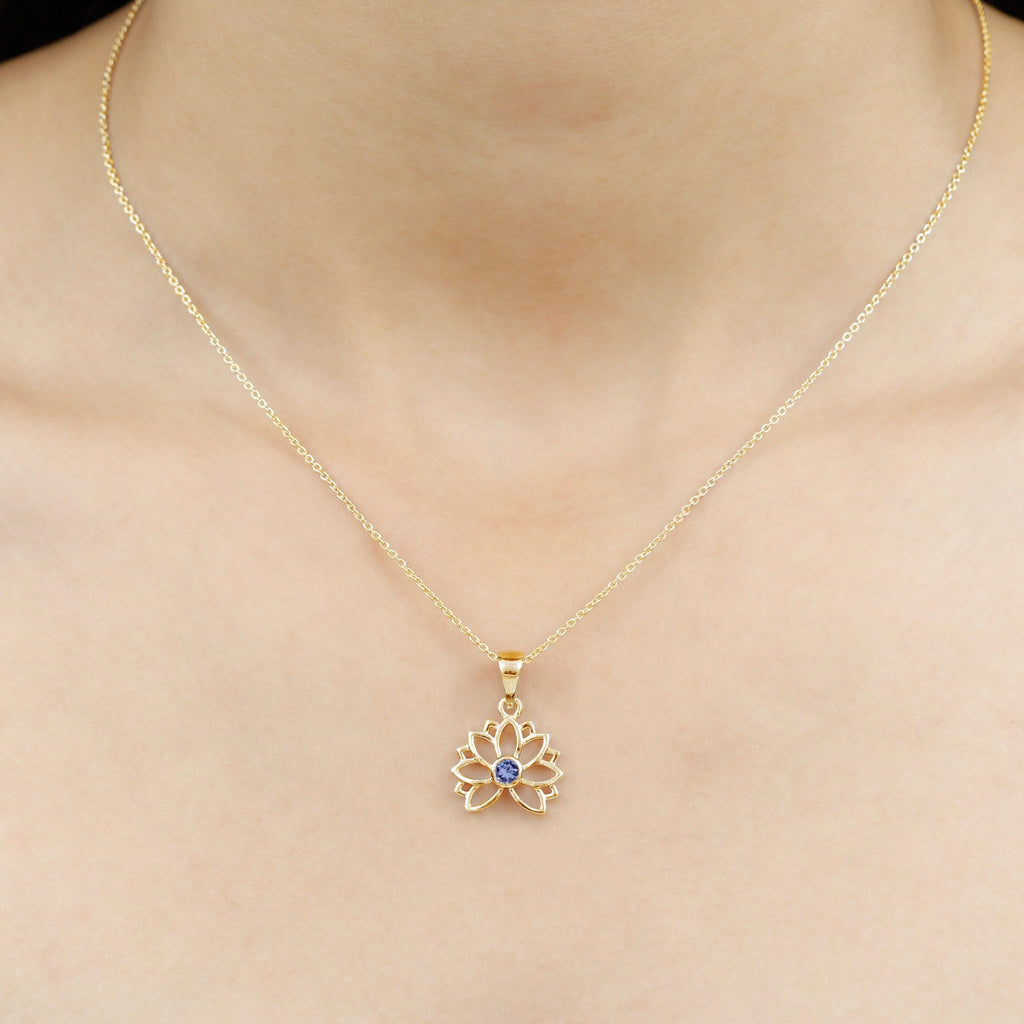 Bezel Set Tanzanite Lotus Flower Pendant Necklace