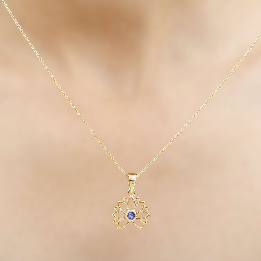 Bezel Set Tanzanite Lotus Flower Pendant Necklace