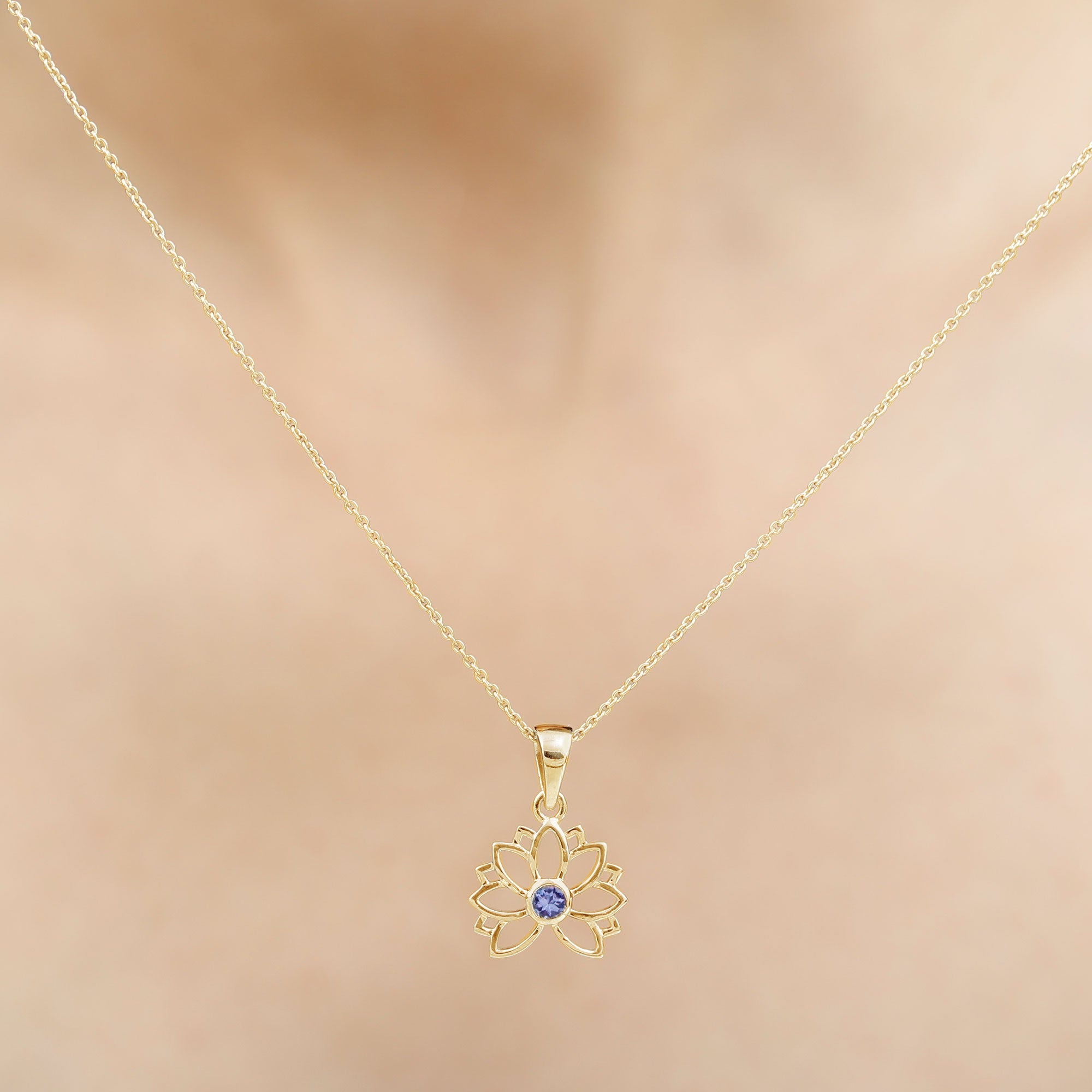 Bezel Set Tanzanite Lotus Flower Pendant Necklace