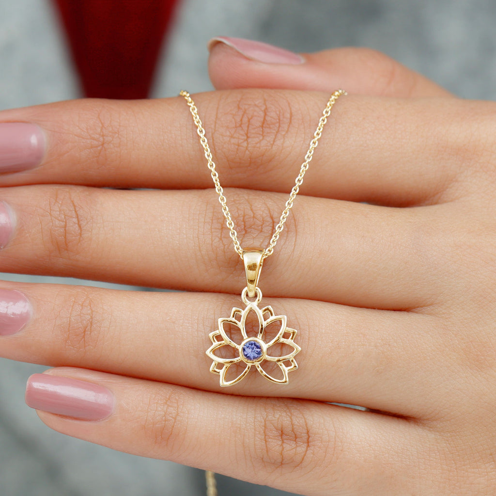 Bezel Set Tanzanite Lotus Flower Pendant Necklace