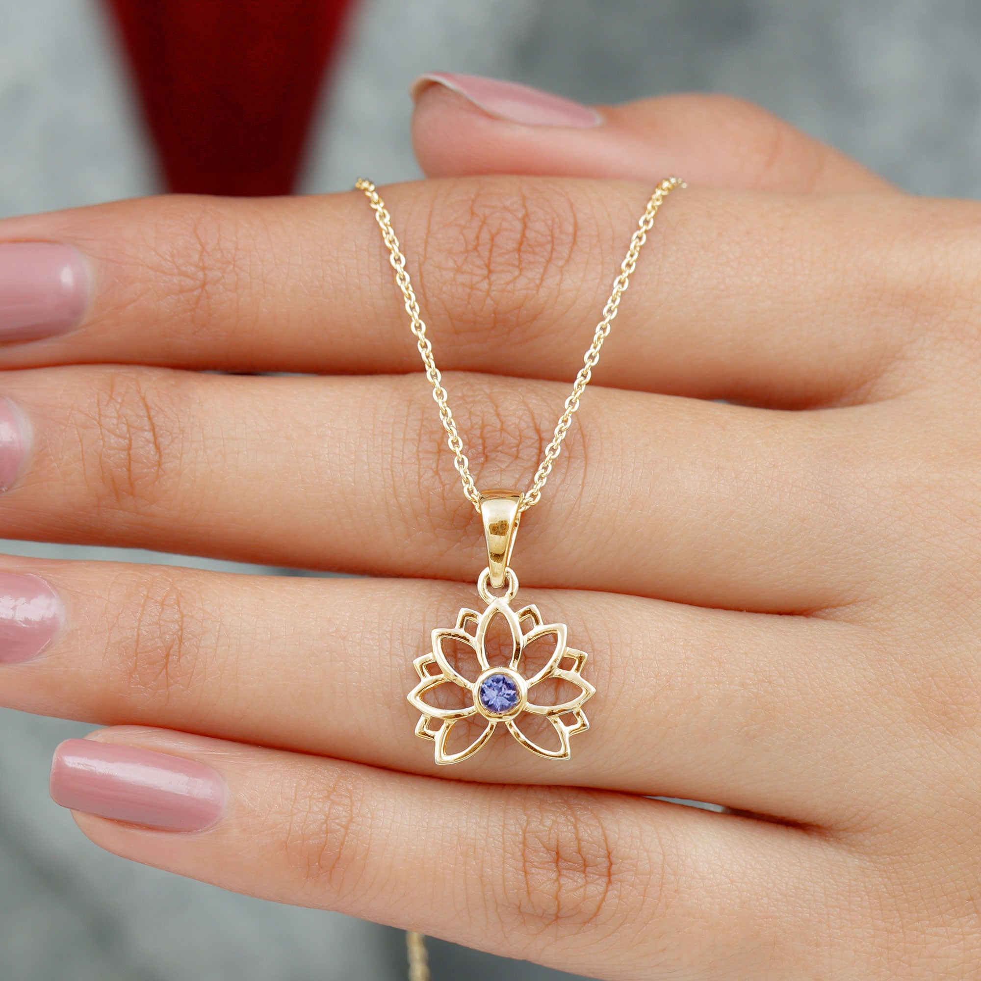 Bezel Set Tanzanite Lotus Flower Pendant Necklace
