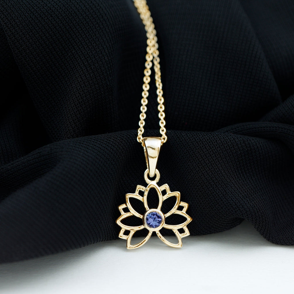 Bezel Set Tanzanite Lotus Flower Pendant Necklace