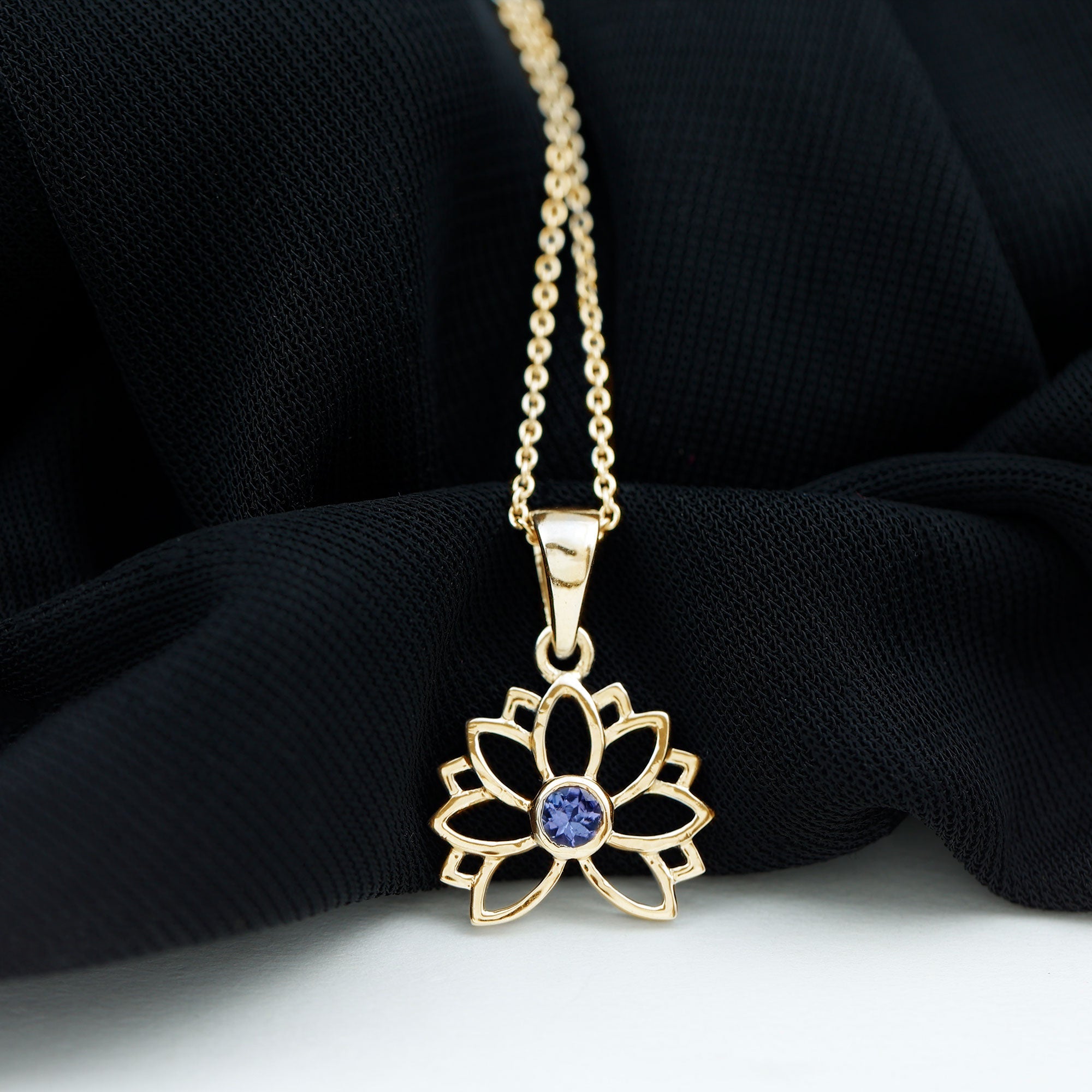 Bezel Set Tanzanite Lotus Flower Pendant Necklace