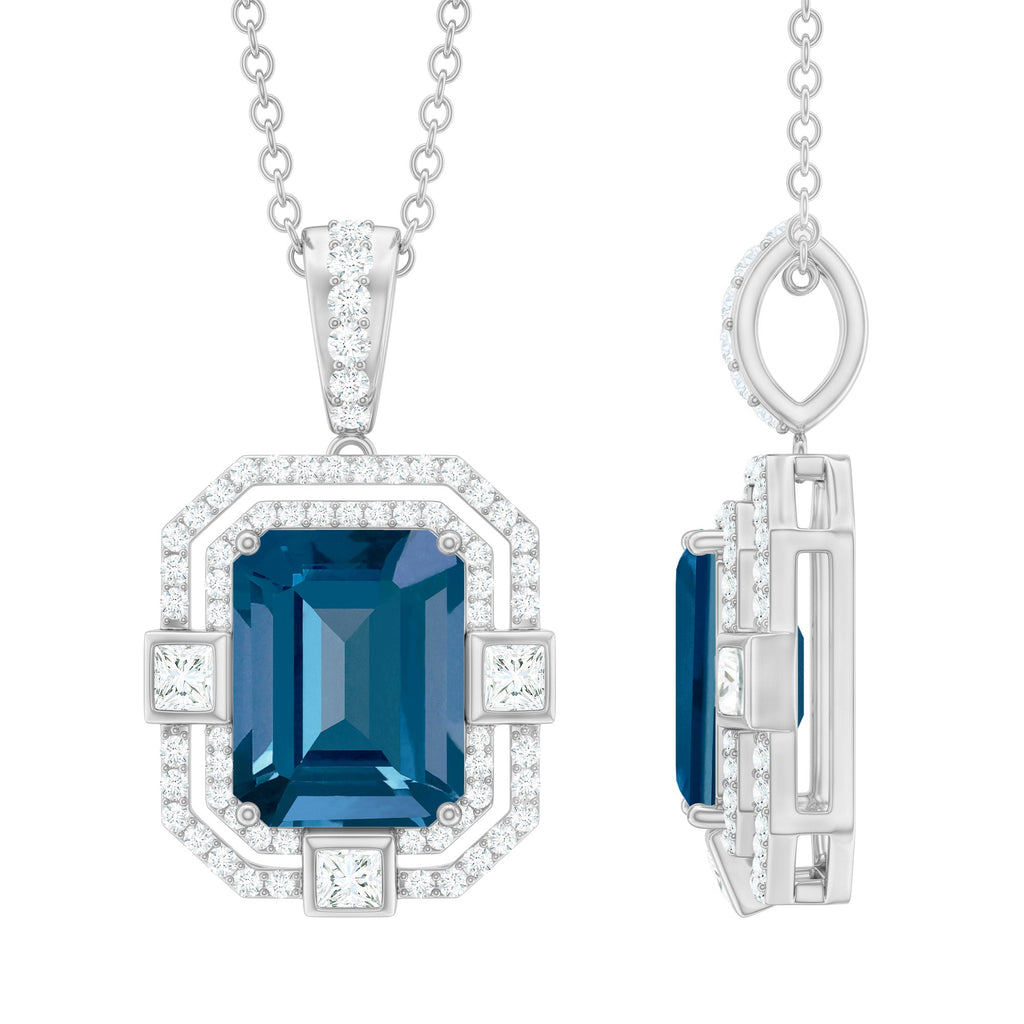 Certified 1.8 Carat Emerald Cut London Blue Topaz Vintage Necklace with Silver Chain