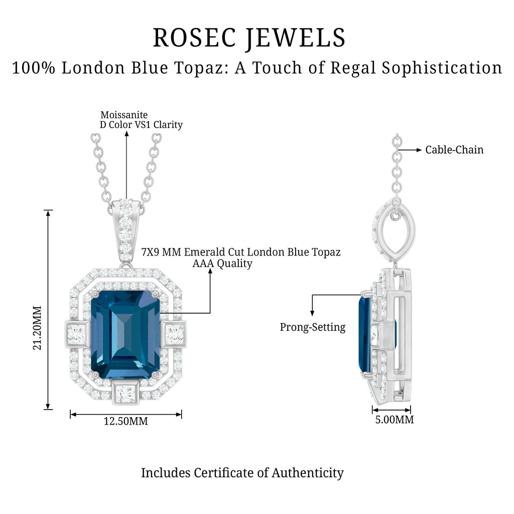 Certified 1.8 Carat Emerald Cut London Blue Topaz Vintage Necklace with Silver Chain