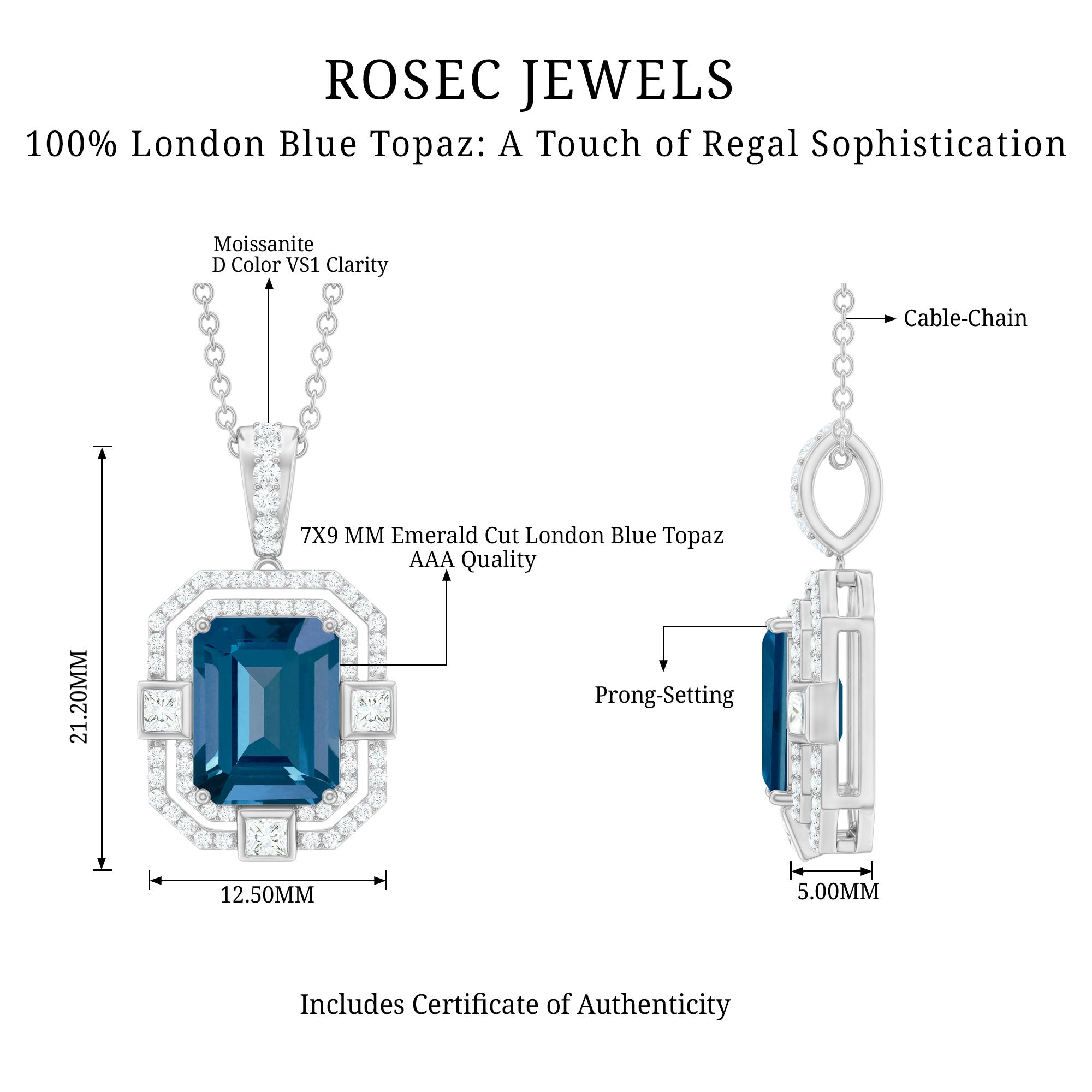 Certified 1.8 Carat Emerald Cut London Blue Topaz Vintage Necklace with Silver Chain