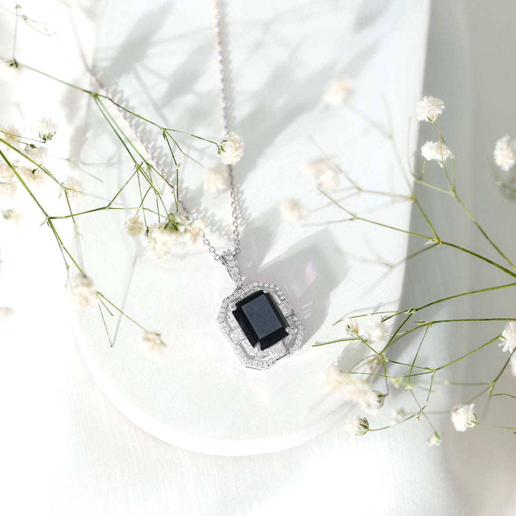 Vintage Inspired Octagon Created Black Diamond Pendant with Moissanite