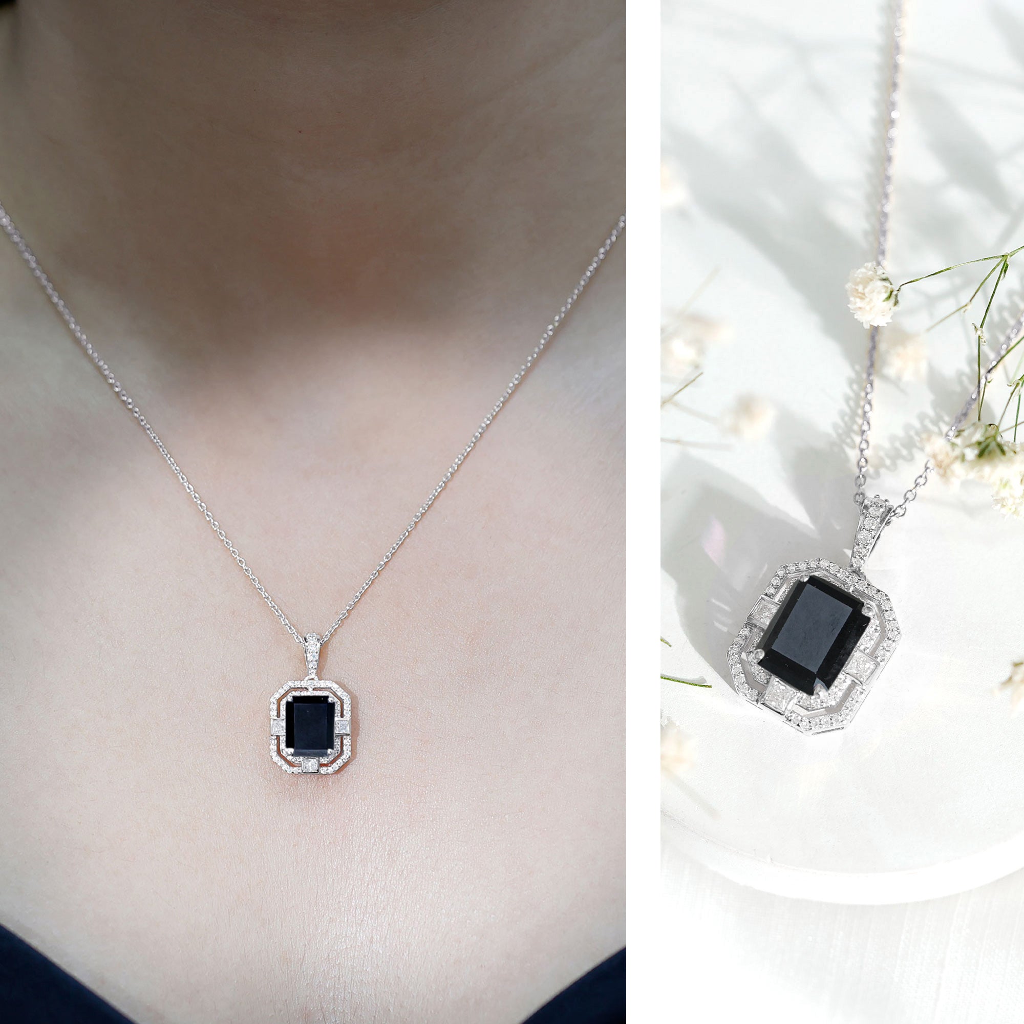 Vintage Inspired Octagon Created Black Diamond Pendant with Moissanite