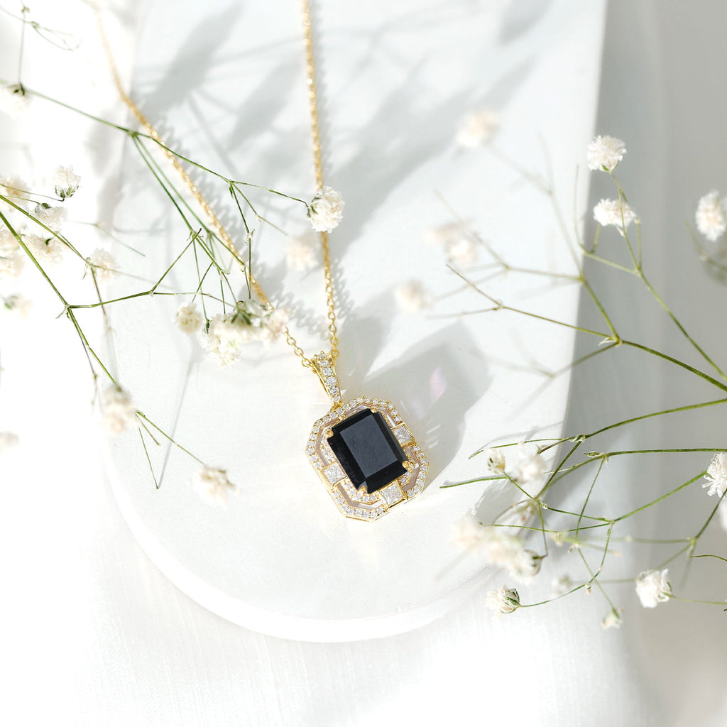 Vintage Inspired Octagon Created Black Diamond Pendant with Moissanite