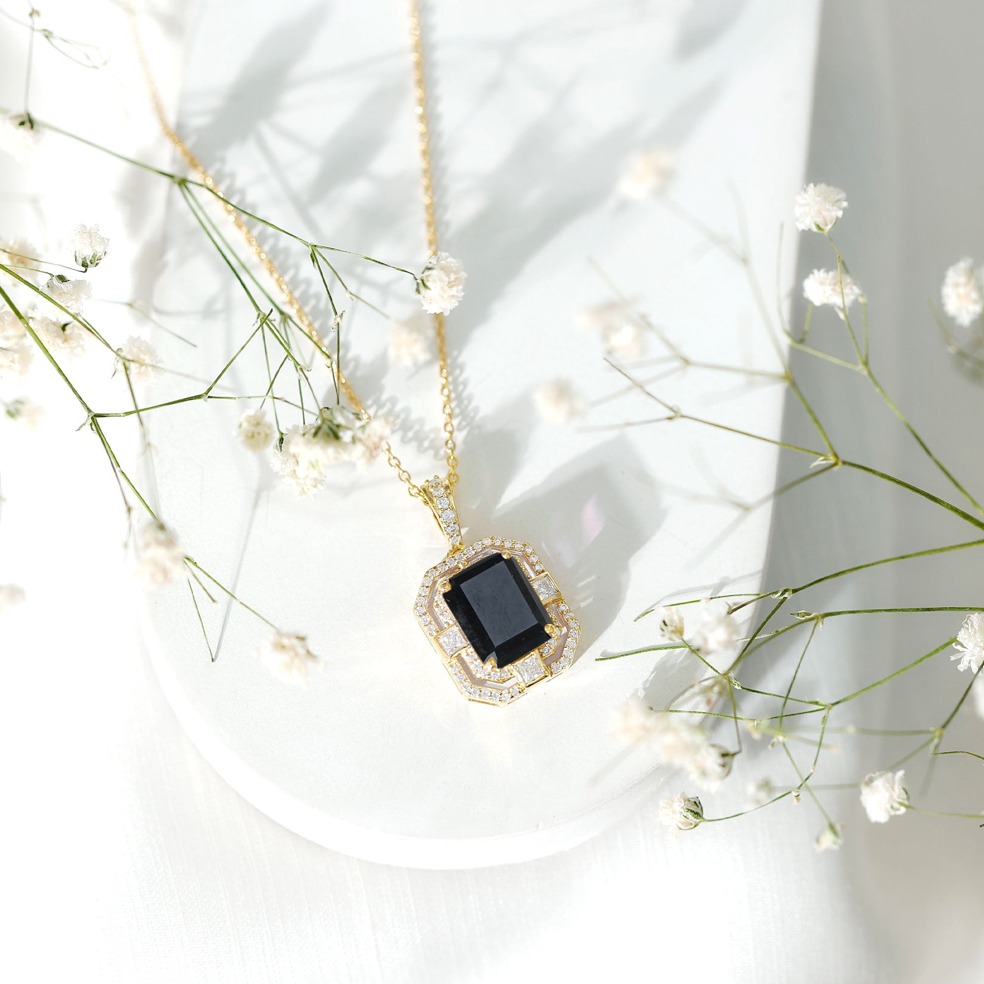 Vintage Inspired Octagon Created Black Diamond Pendant with Moissanite