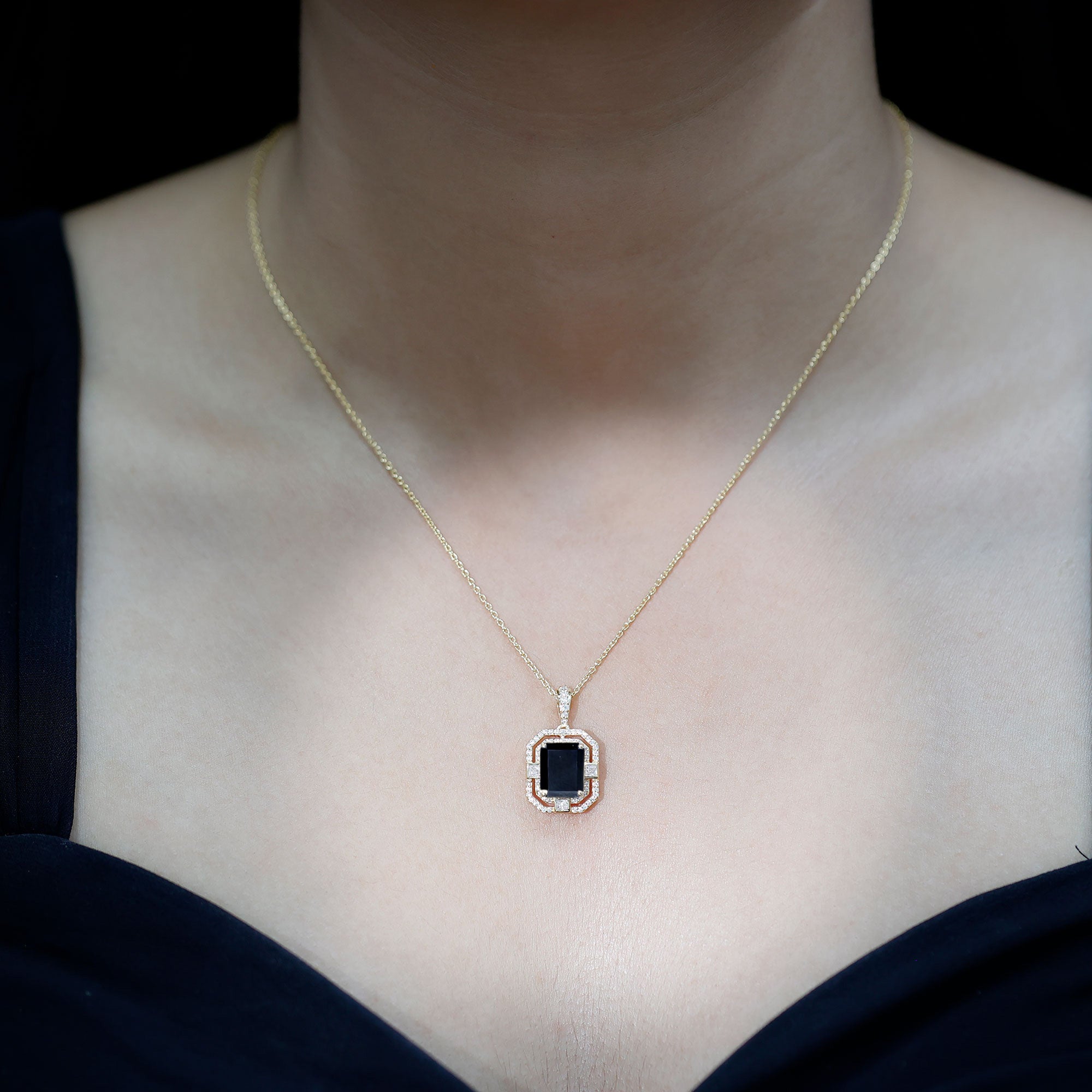 Vintage Inspired Octagon Created Black Diamond Pendant with Moissanite