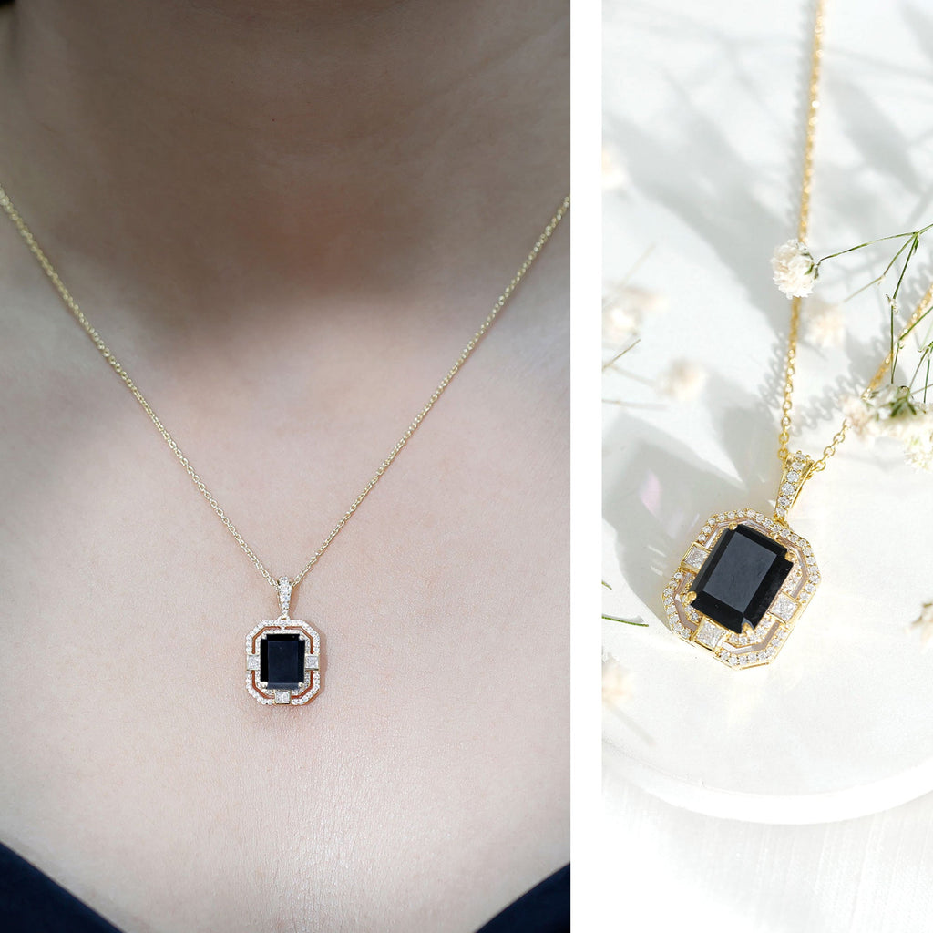 Vintage Inspired Octagon Created Black Diamond Pendant with Moissanite