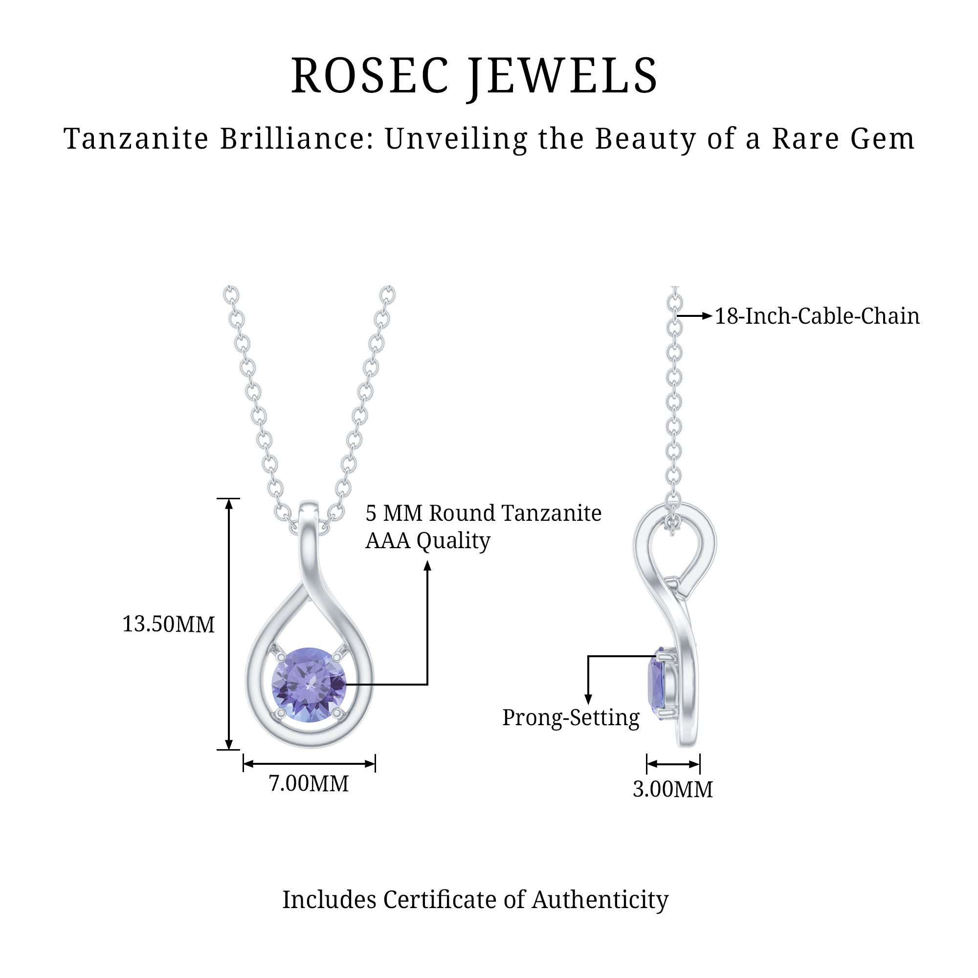 Certified 5 MM Round Tanzanite Teardrop Pendant