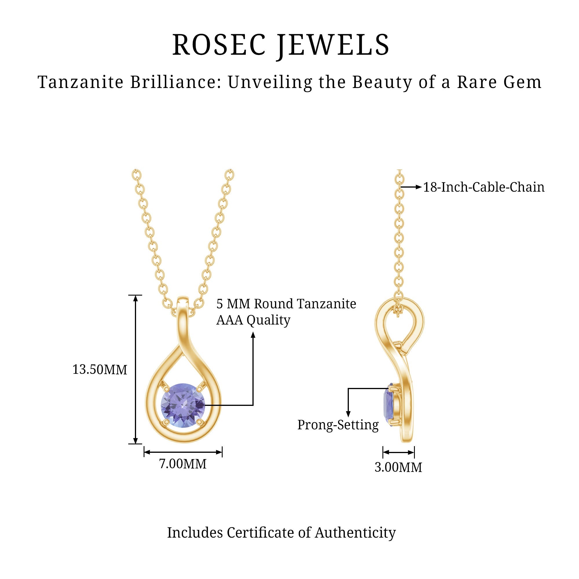 Certified 5 MM Round Tanzanite Teardrop Pendant