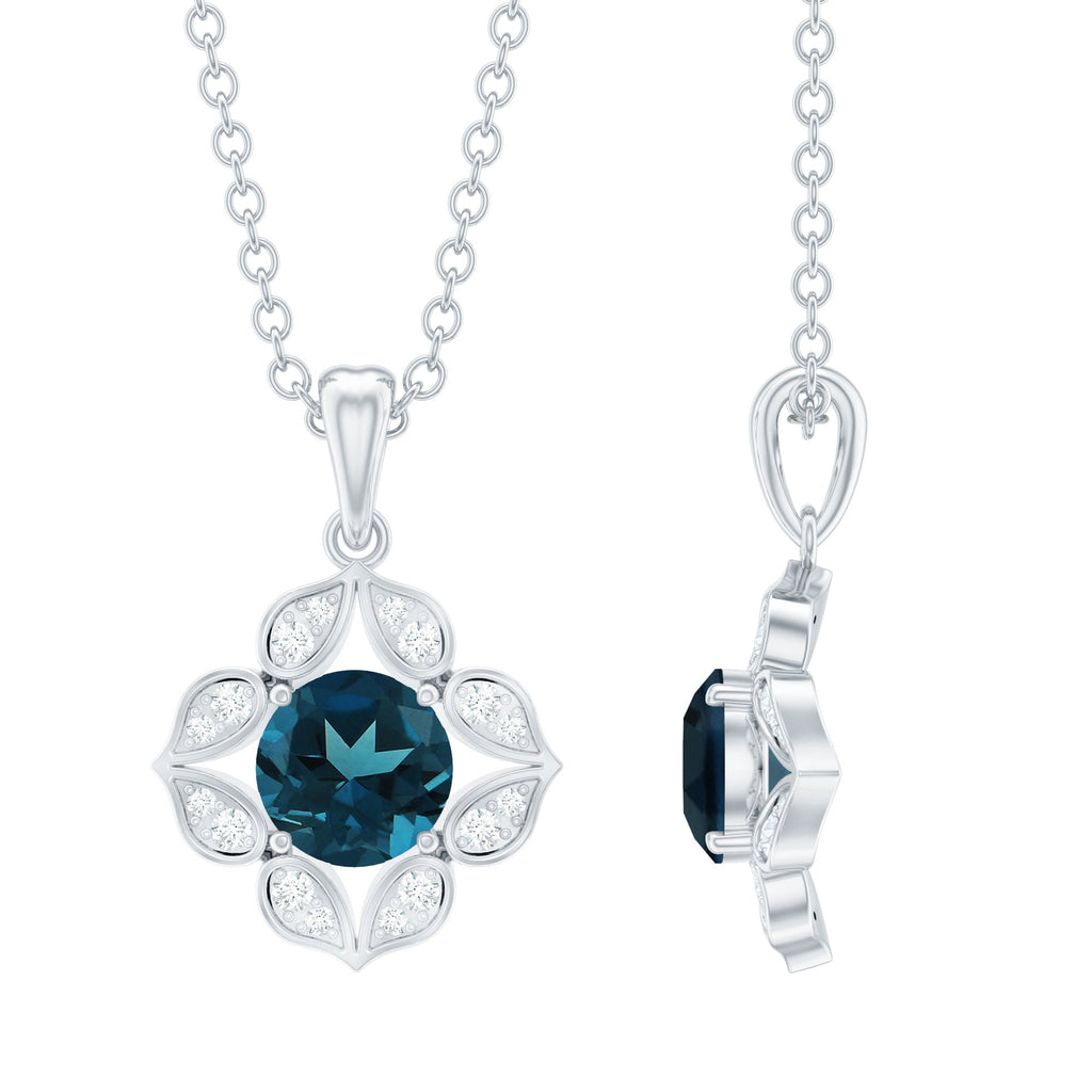 Antique Style Natural London Blue Topaz Bridal Pendant with Diamond