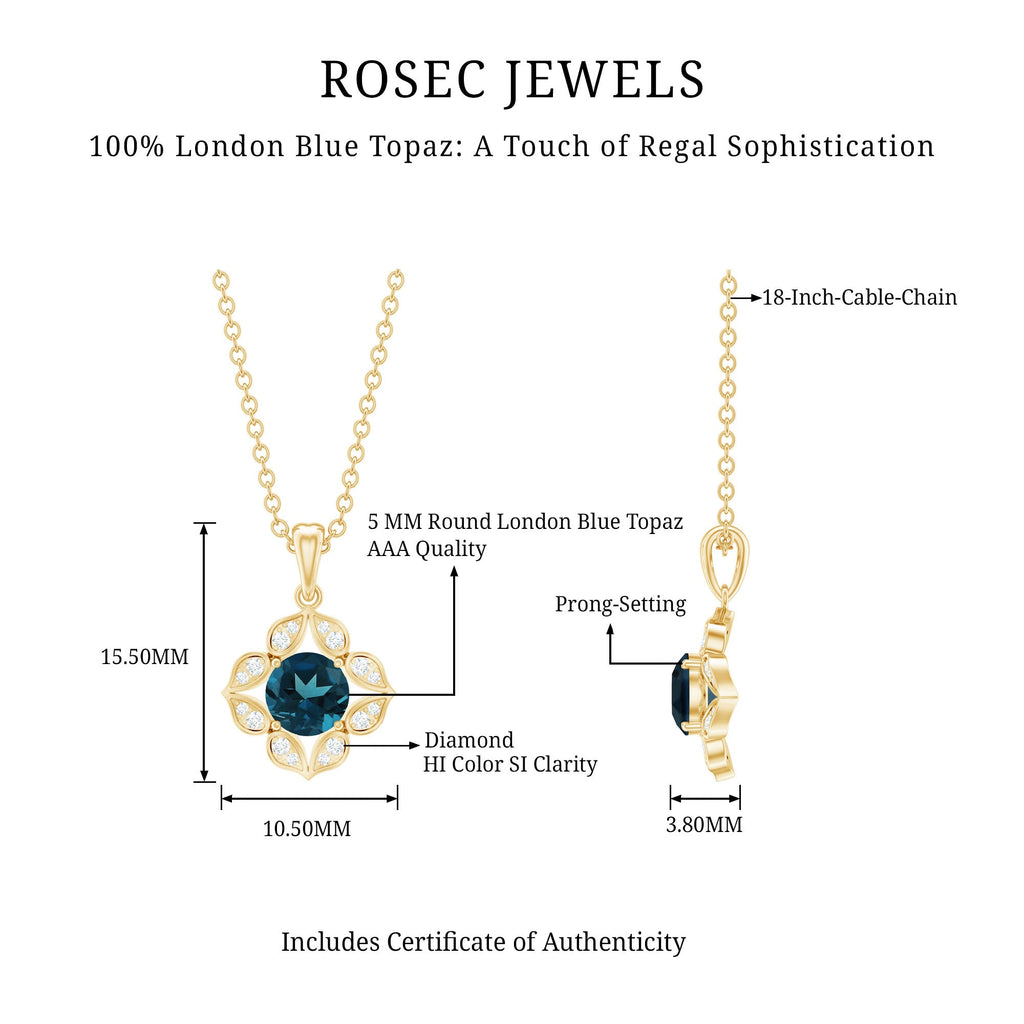 Antique Style Natural London Blue Topaz Bridal Pendant with Diamond
