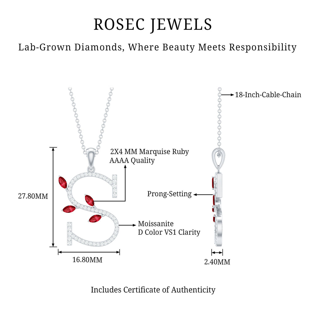 Moissanite and Lab Ruby Necklace with Letter S